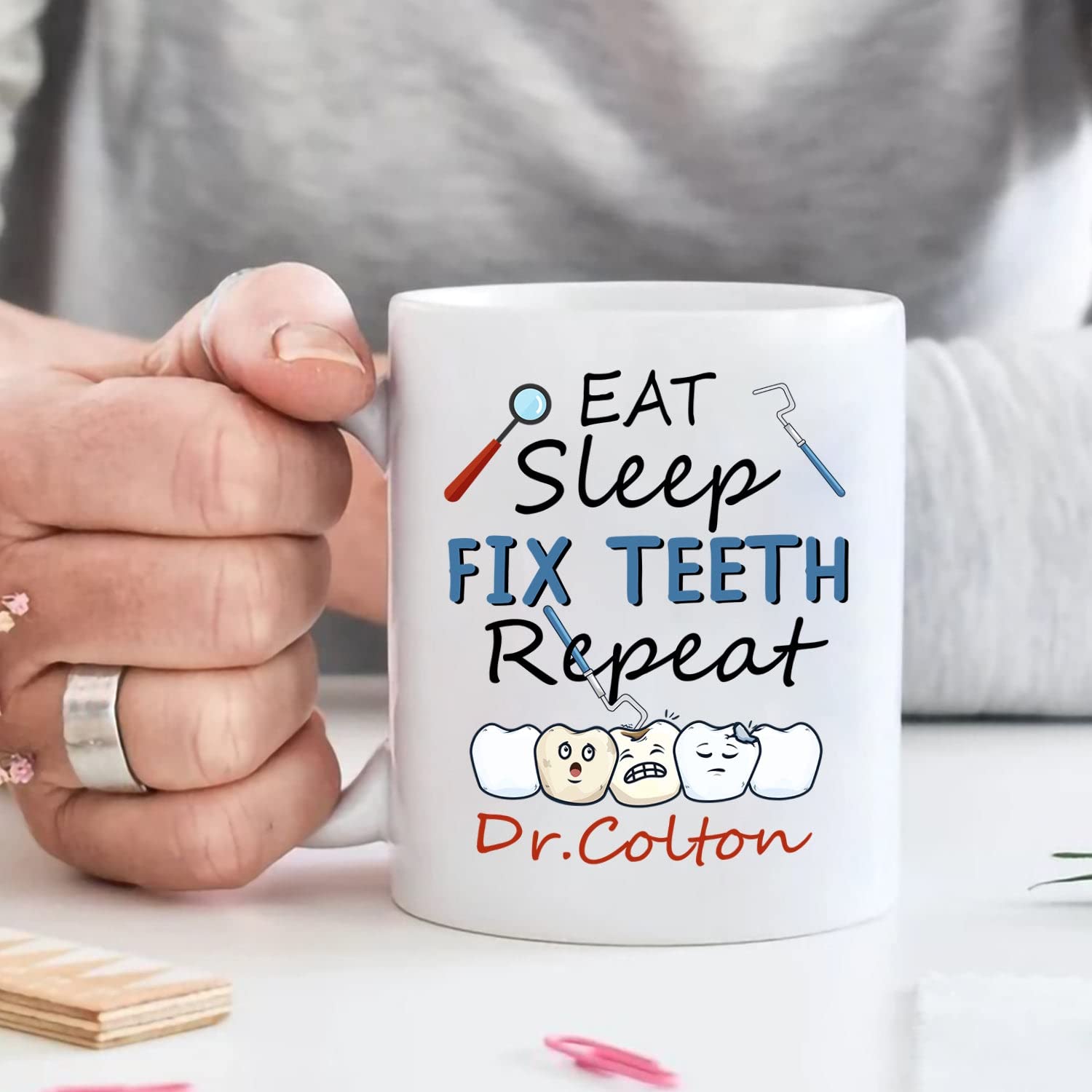 Personalized Dentist Orthodontist Coffee Mug - 11oz & 15oz Ceramic Cup with 'Eat Sleep Fix Teeth Repeat' Design - Custom Name Gift for Dentists, Orthodontists, Men & Women - Perfect for Office, Home & Gifts