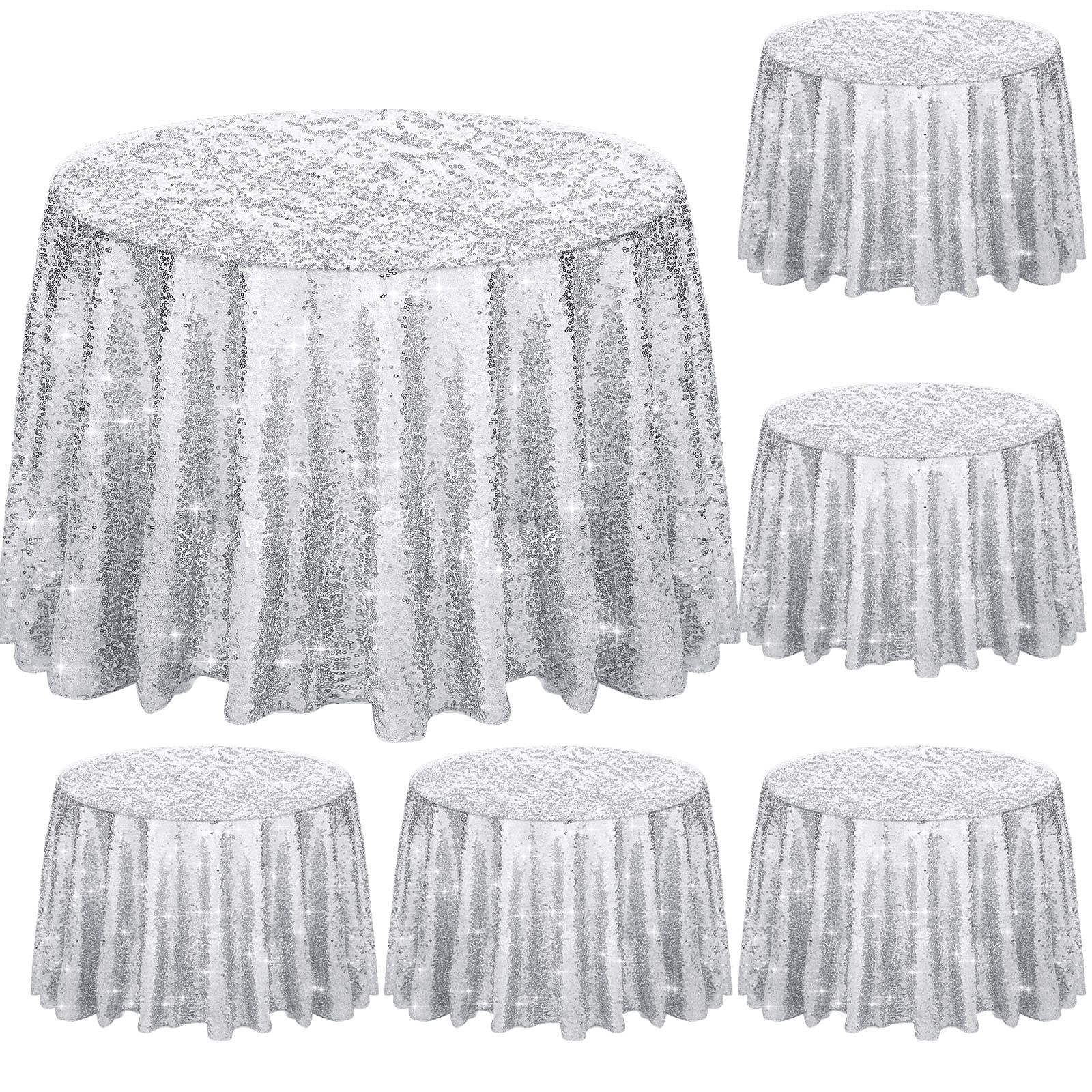 Moukeren 6 Pack Round Sequin Tablecloth - 70 Inch Glitter Party Table Cover for Wedding, Birthday, Christmas & Halloween Decorations (Silver) - Perfect for Banquet, Bridal Shower, Holiday & Event Decor