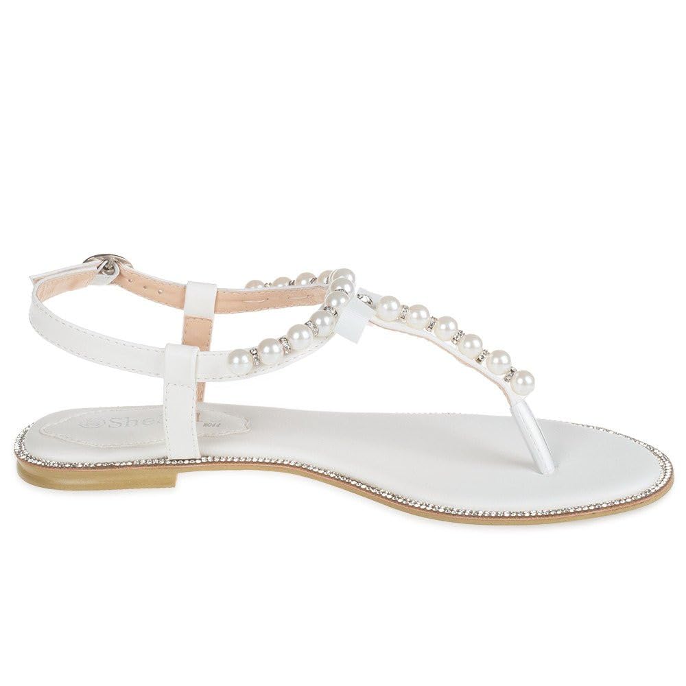 SheSole Women's Pearl T-Strap Flat Sandals - Elegant Bridal Wedding Shoes for Bride, Beach Ceremony, Photoshoot & Special Occasions