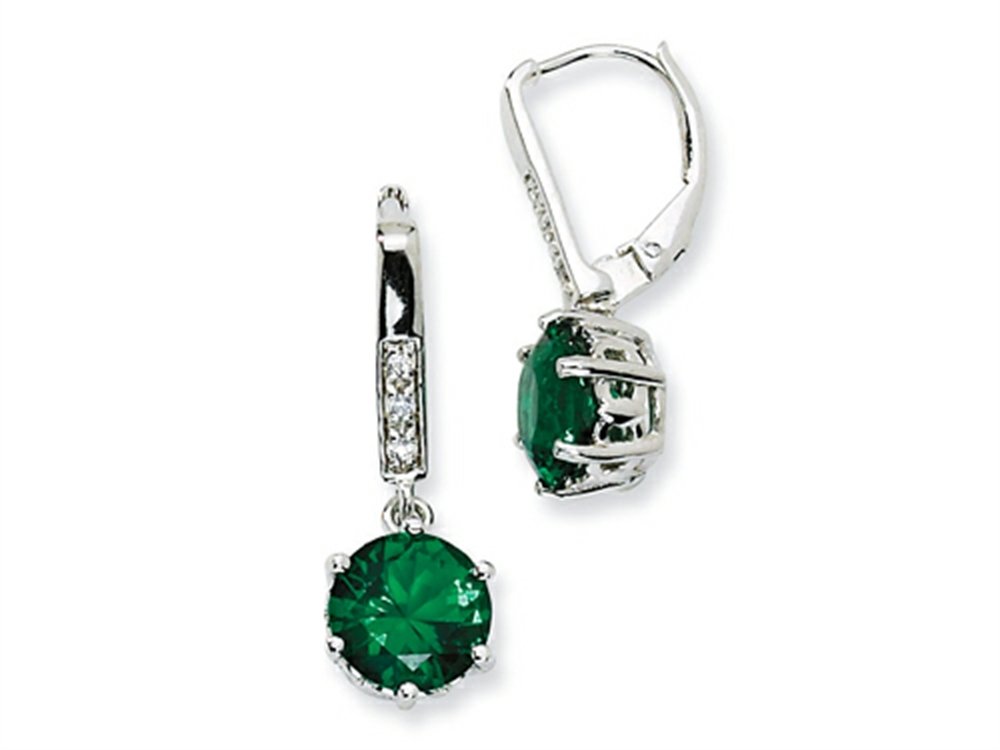Sterling Silver Simulated Emerald and Cubic Zirconia Leverback Earrings for Women - Elegant Dangle Drop Ear Jewelry for Party, Wedding & Evening Occasions