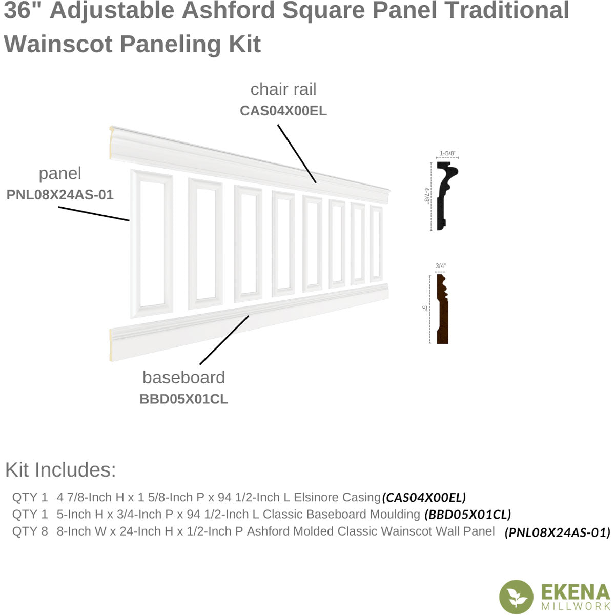 Ashford Traditional Wainscot Paneling Kit - 94.5 Inch Premium Wood Wall Paneling for Home & Office Decoration | Easy DIY Installation for Living Room, Bedroom, Dining Room & Hallway