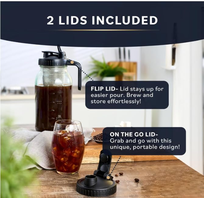 Premium Cold Brew Coffee Maker with Heavy-Duty Glass Body & Stainless Steel Filter - 32 oz Iced Tea & Coffee Pitcher with Flip Cap Lid - Perfect for Home, Office, and Outdoor Use (Black, 1 Quart)