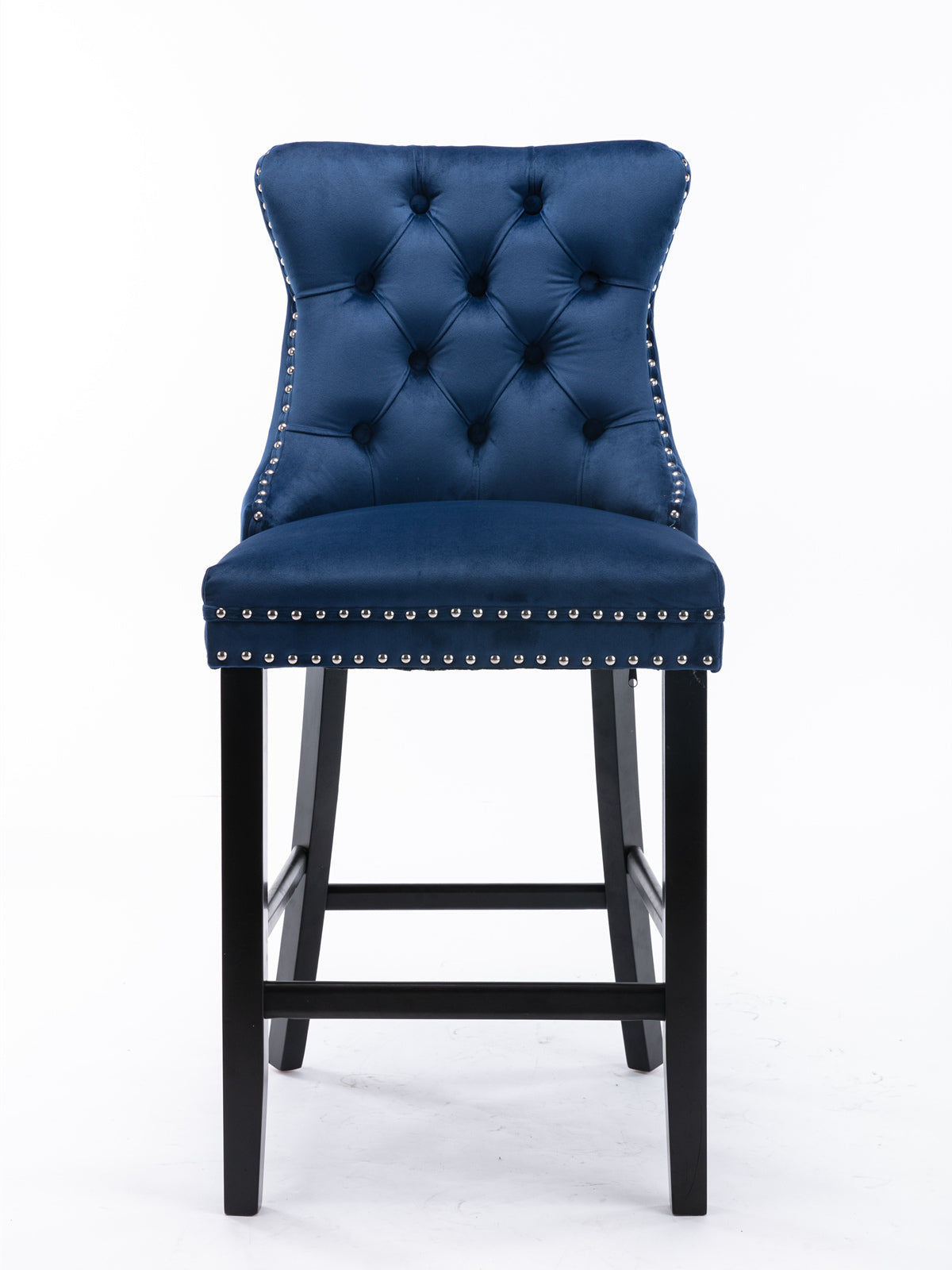 Modern Velvet Upholstered Bar Stools with Button Tufted Back & Wooden Legs - Chrome Nailhead Trim Accent - Set of 2 Blue Bar Chairs (SW2002BL) for Kitchen Island, Breakfast Nook & Home Bar Decor