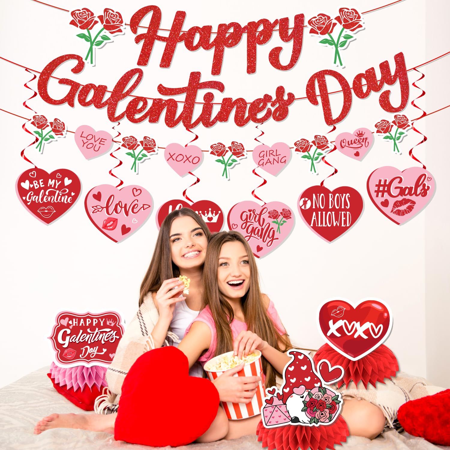 Galentine's Day Party Decorations Set - Hanging Swirls, Honeycomb Centerpiece & Banner for Galentine's Night Celebration | Perfect for Girls' Night, Bachelorette Parties & Valentine's Day Decor