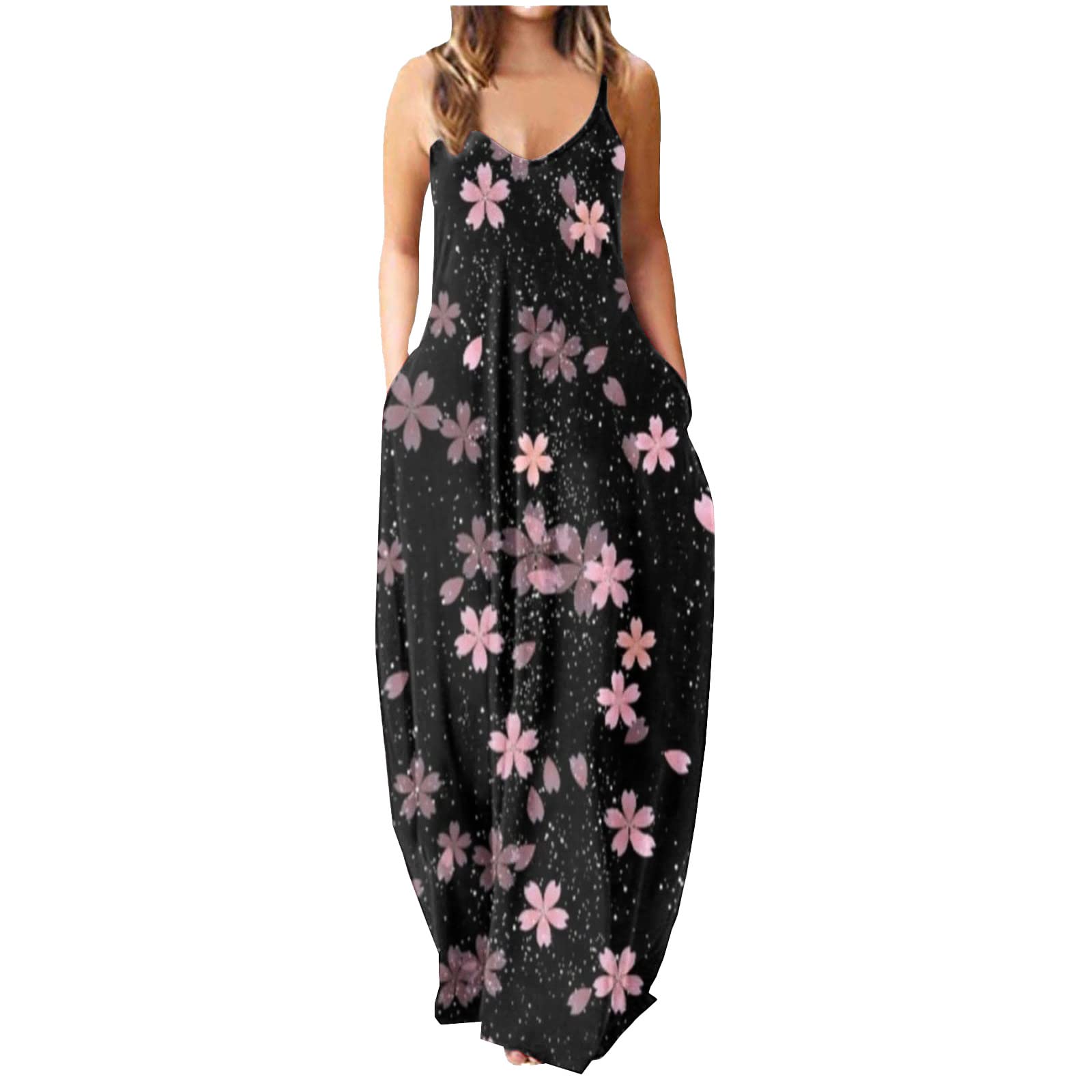 FAVIPT Women's Floral Maxi Dress - Sleeveless Long Summer Beach Dress with Pockets, Casual Tank Sundress for Outdoor, Vacation & Party Wear
