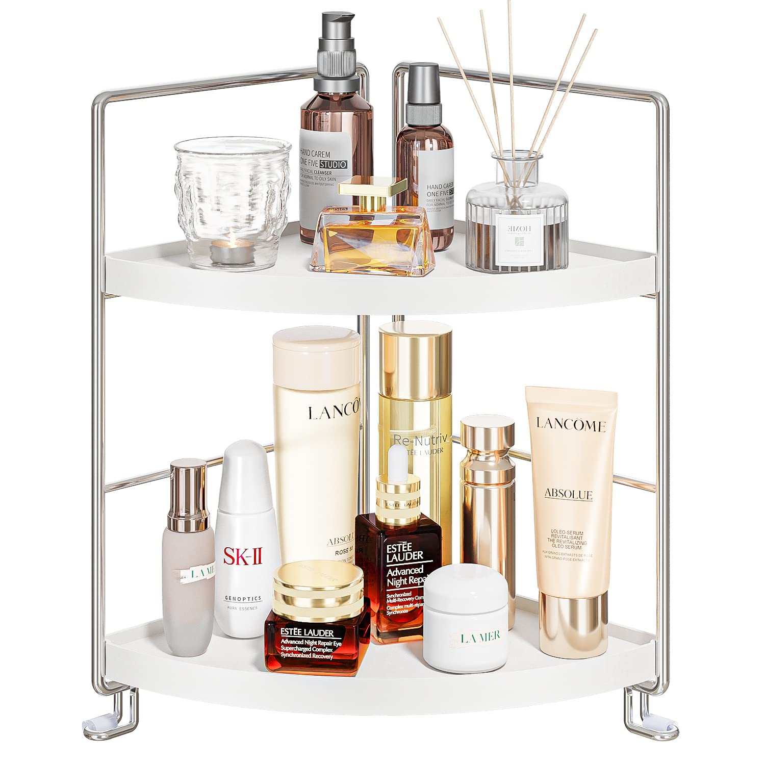2-Tier Bathroom Corner Counter Organizer - Makeup Storage Shelf & Vanity Tray for Bathroom Sink Countertop - Silver | Space-Saving Cosmetic Organizer for Small Bathrooms & Vanity Areas