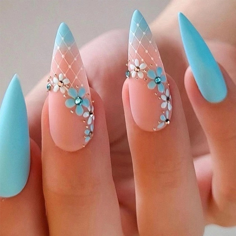 24Pcs Glitter French Press on Nails with Rhinestones - Golden Stiletto Fake Nails for Women - Perfect for Parties, Weddings & Special Occasions