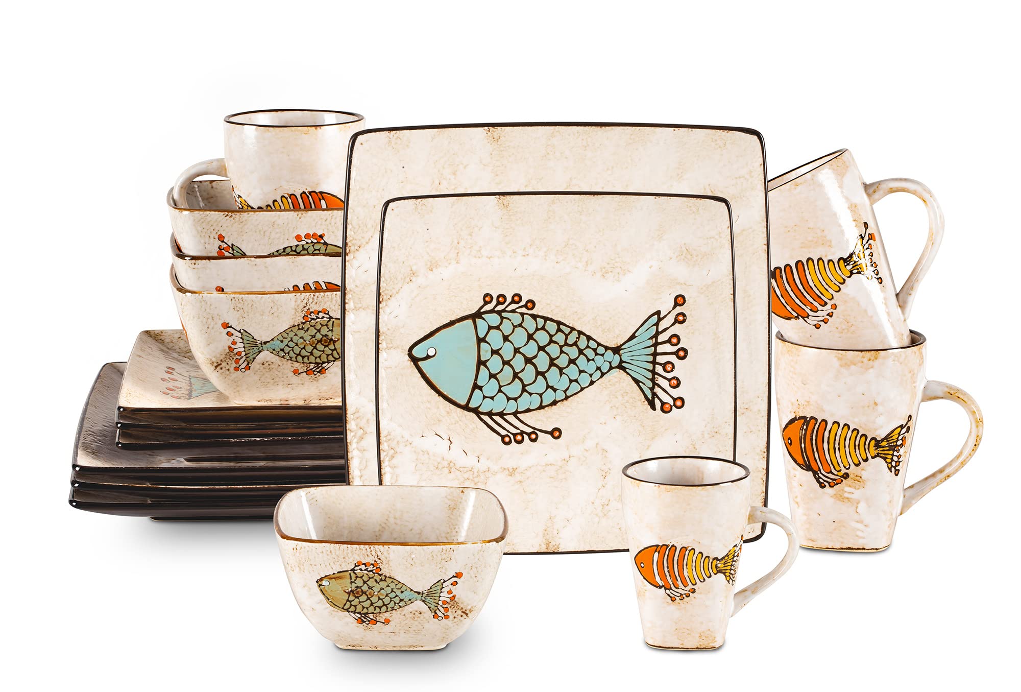 HomeVss Stoneware Artisan Hand-Painted Fish 16-Piece Reactive Glaze Dinnerware Set - Elegant Tableware for Fine Dining & Entertaining