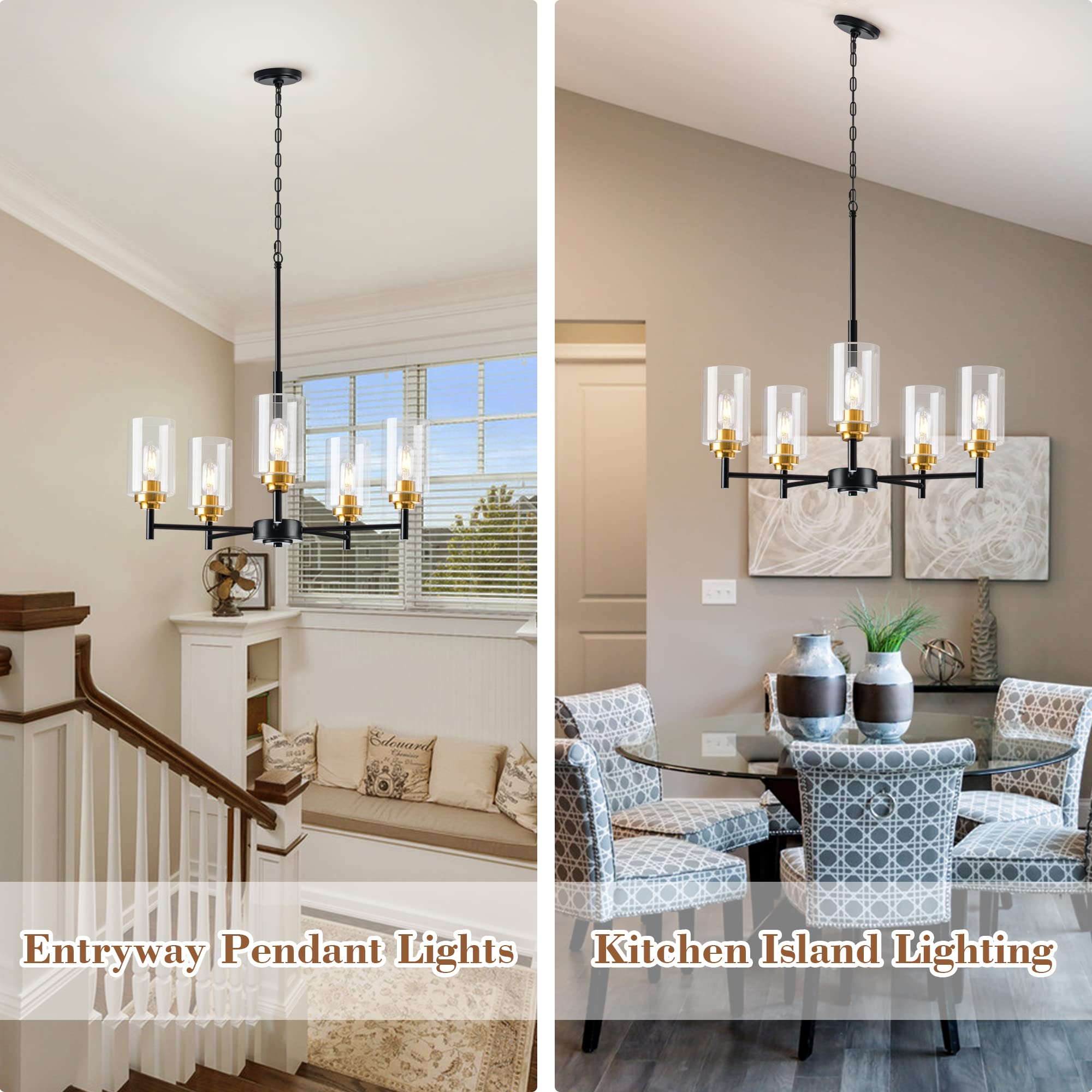5-Light Glass Farmhouse Chandelier - Modern Black & Gold Pendant Lighting for Dining Room, Kitchen Island, Foyer, Living Room & Bedroom | Elegant Ceiling Fixture for Home Decor & Dining Ambiance