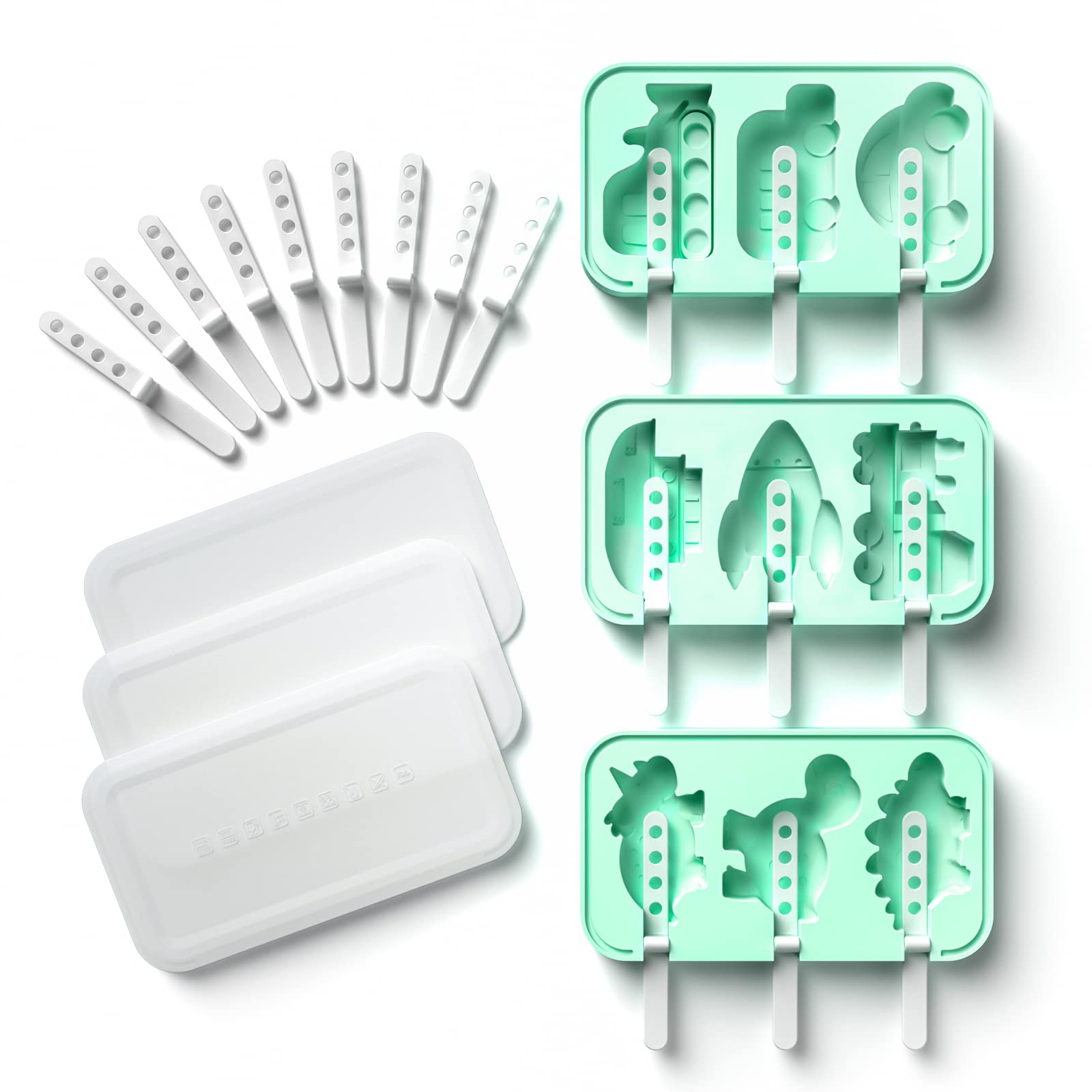 Premium Silicone Popsicle Molds Set of 3 - Dinosaur, Rocket & Car Shapes - BPA-Free Food Grade Ice Cream Molds with Reusable Sticks for Kids & Adults - Perfect for Summer Treats, Birthday Parties & Healthy Snacks (Green)