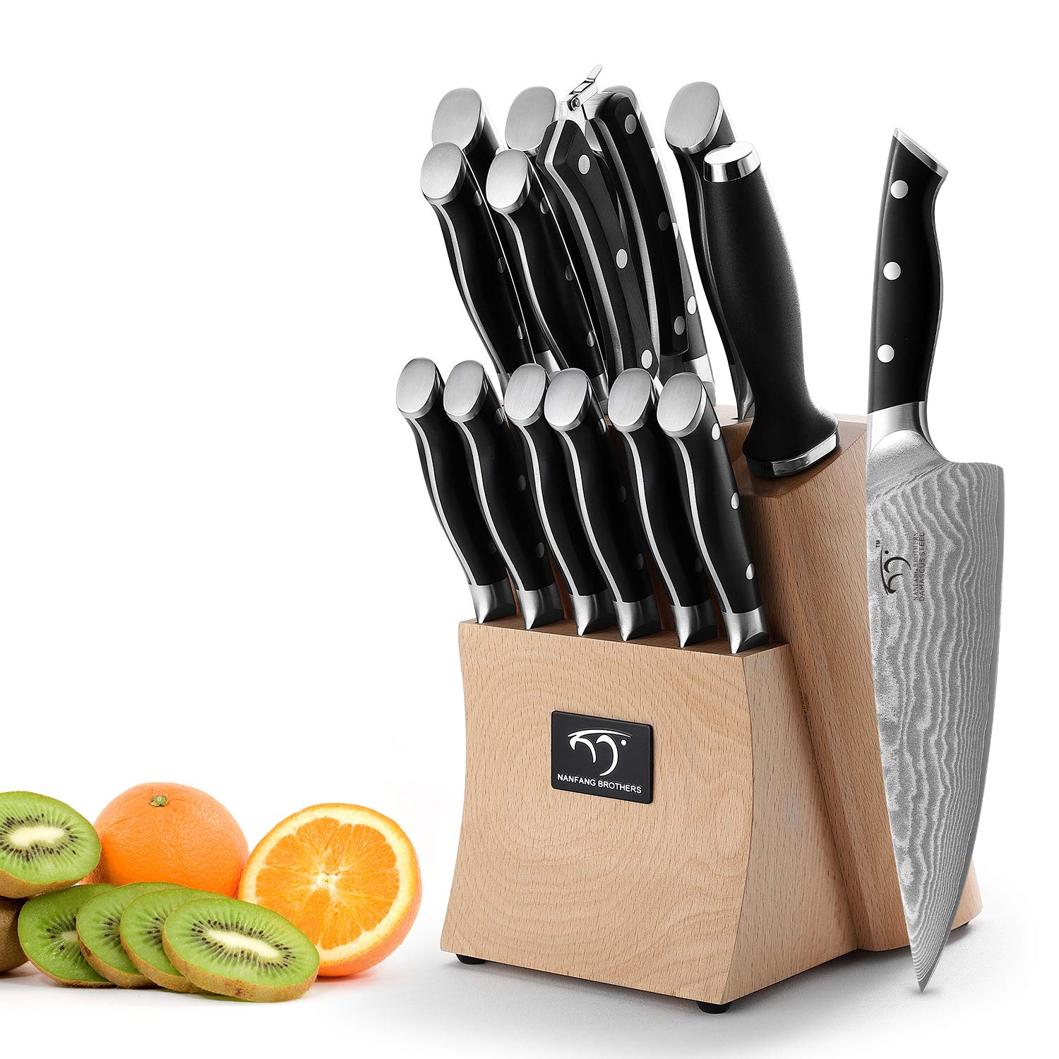 Premium Damascus Steel Kitchen Knife Set - 15-Piece Chef Knives with Wood Block, Ergonomic ABS Handles, Steak Knives, Knife Sharpener & Shears - Perfect for Home Cooking, Professional Chefs & Gift Giving
