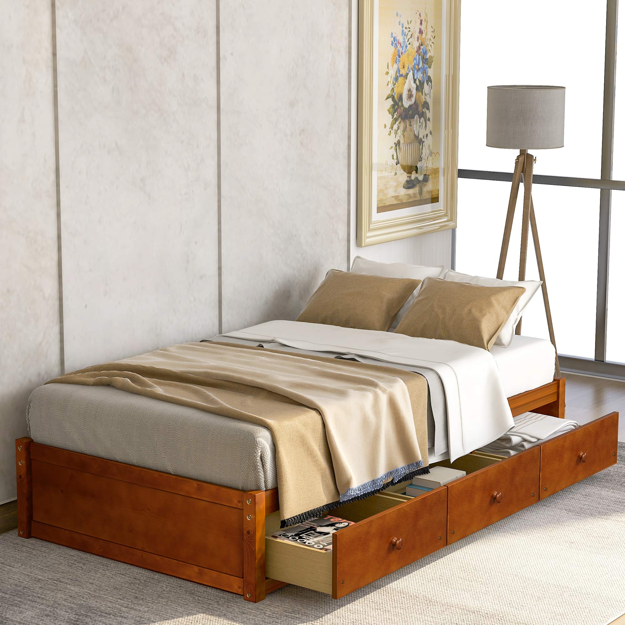 Wooden Platform Storage Bed with 3 Drawers - Twin Size Daybed with Wood Slat Support, No Box Spring Needed - Solid Oak Frame for Bedroom & Living Room - Space-Saving Storage Solution for Small Apartments & Guest Rooms