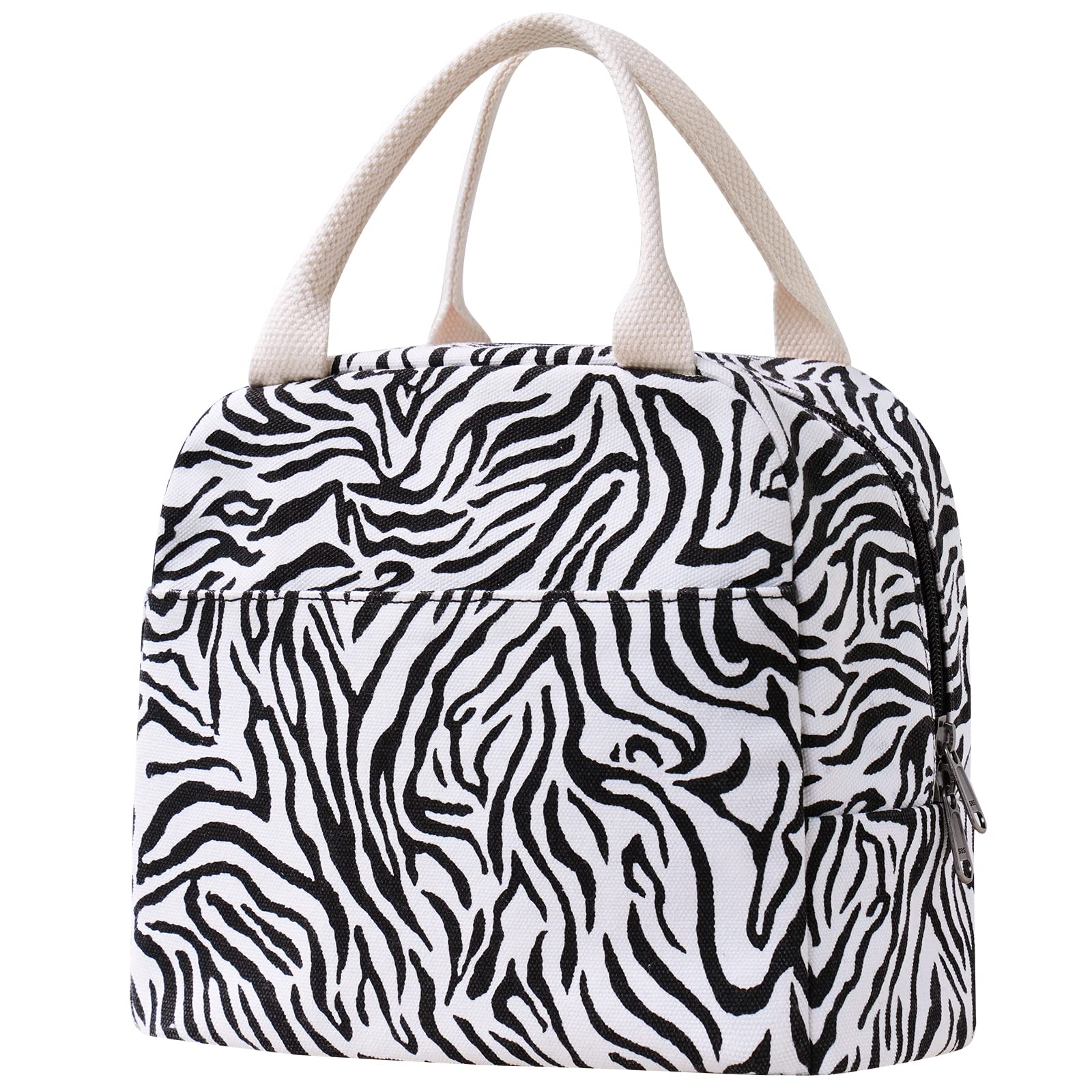 Stylish Black & White Zebra Print Insulated Lunch Tote Bag for Women - Lightweight Reusable Canvas Bento Box Carrier - Perfect for Office, School, Picnics & Travel