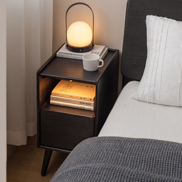 Solid Oak Wood Ultra Narrow Nightstand with Soft Light Sensor - Perfect for Small Bedrooms, Apartments, and Cozy Spaces