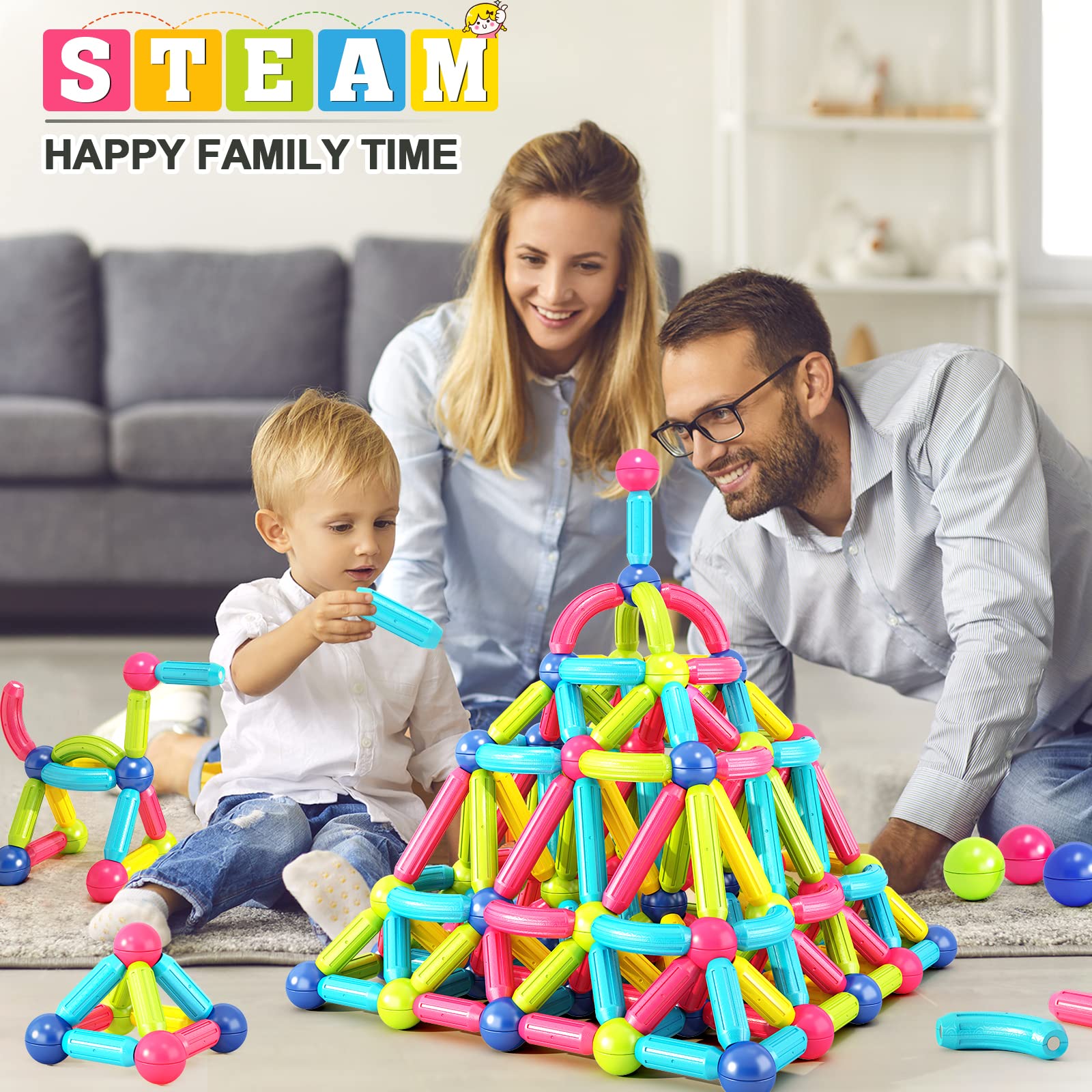Magnetic Building Blocks for Toddlers - Montessori Educational STEM Toys for 3+ Year Old Boys & Girls, DIY Learning Construction Set (Great for Preschool Classroom, Birthday Gift & Creative Play)