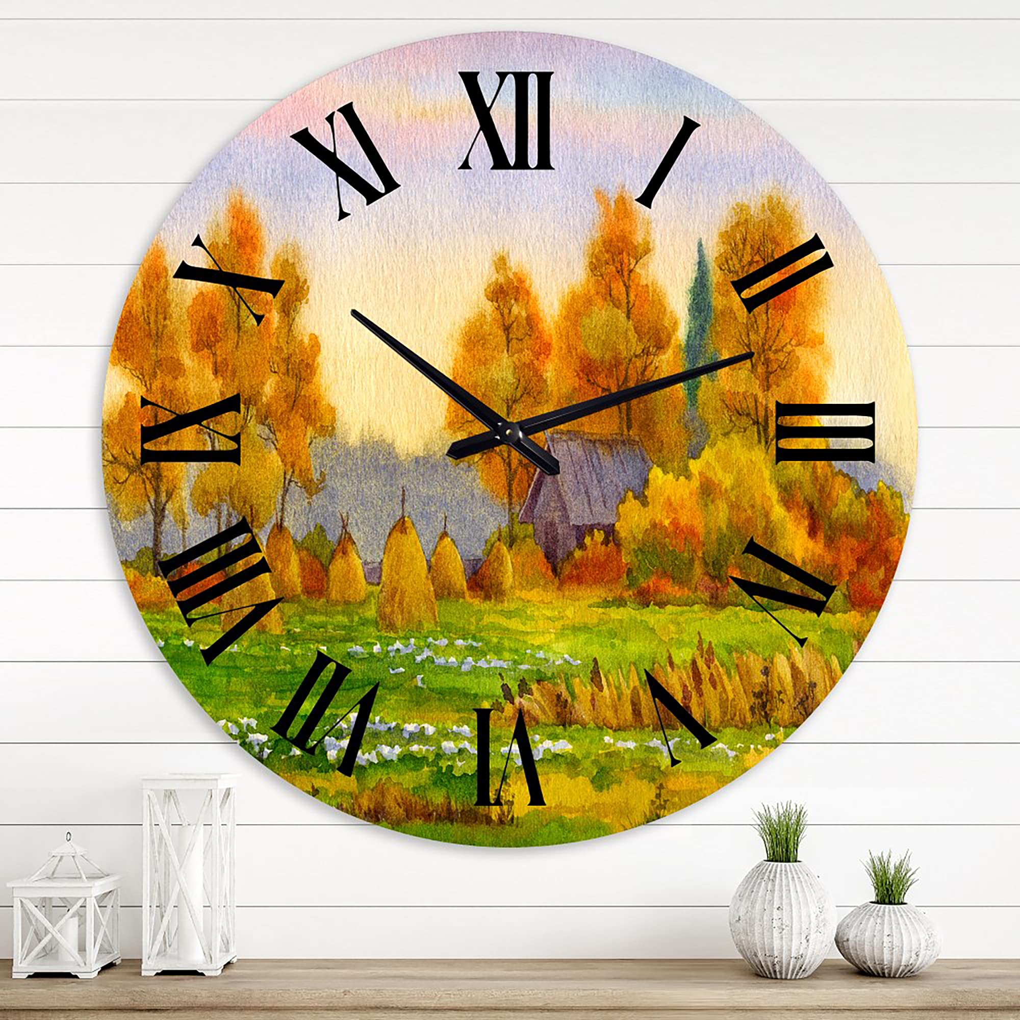 DesignQ Lake House Wall Clock 'Haystacks On Orange Fields I' - Large Landscape Nature Wall Clock for Home & Office Decor - Perfect for Living Room, Bedroom, Kitchen, and Workspace
