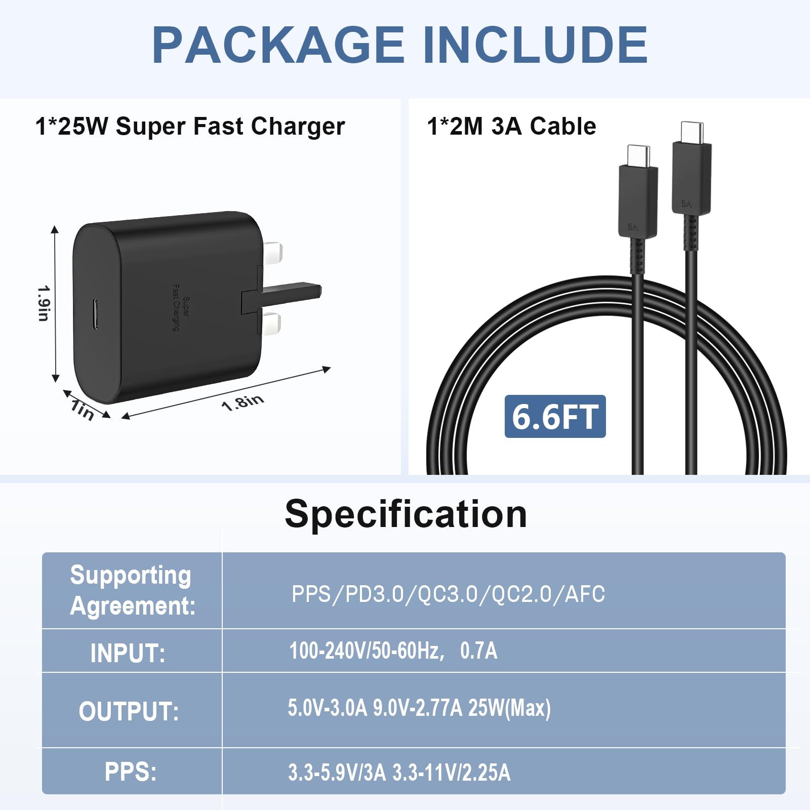 25W Super Fast Charger for Samsung Galaxy S25 Ultra/S24/S23/S22/S21/S20 & A/M/F Series - PPS PD3.0 USB-C Wall Plug with 2M Type-C Cable - Perfect for Home, Office & Travel Charging