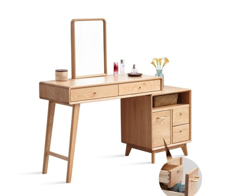 Solid Oak Wood Extendable Vanity Dressing Table with Mirror - Perfect for Bedroom Makeup & Jewelry Storage