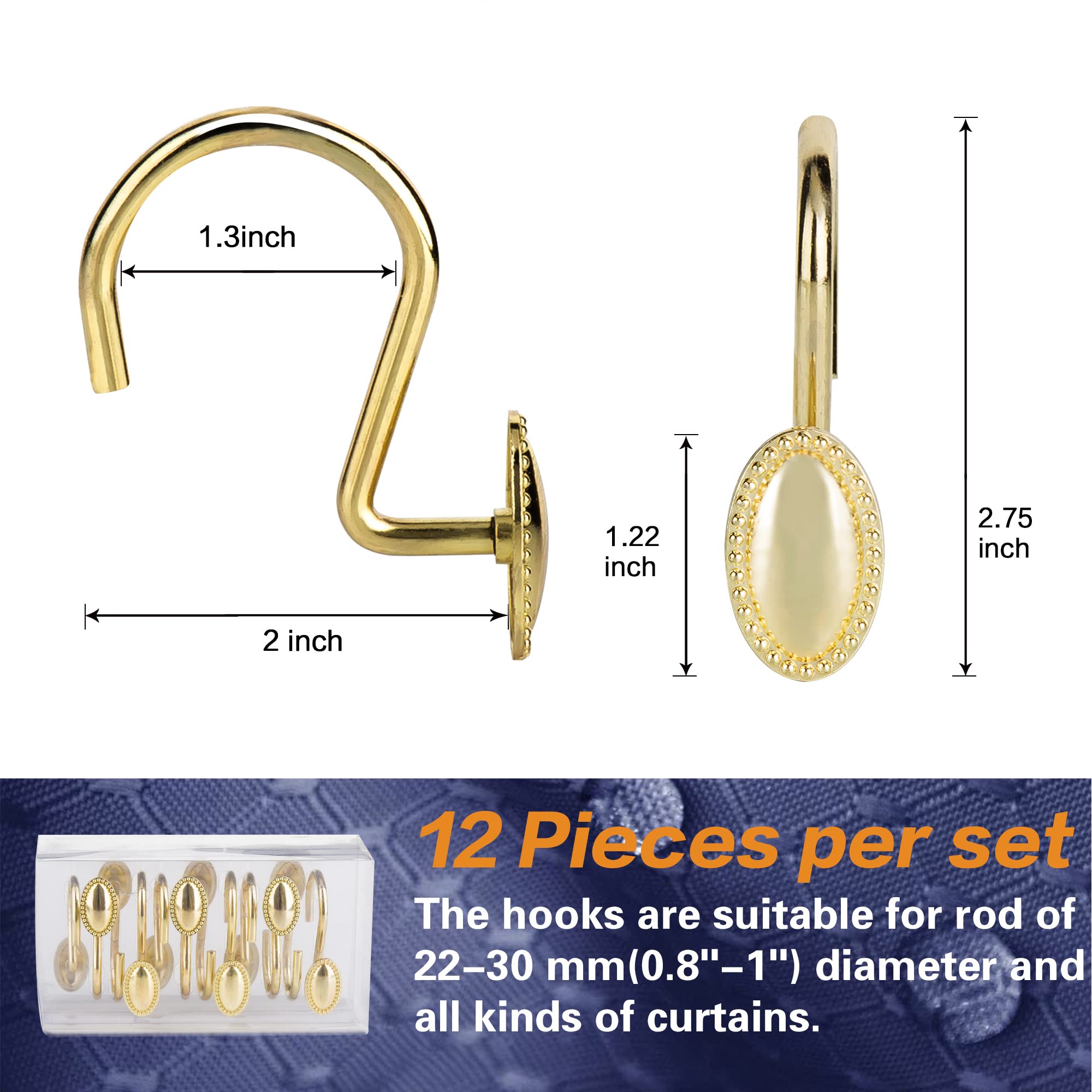 12-Pack Gold Shower Curtain Hooks - Rust-Resistant Heavy Duty Acrylic Rings for Bathroom Decor | Perfect for Luxury Bathrooms, Spa Retreats & Modern Home Upgrades