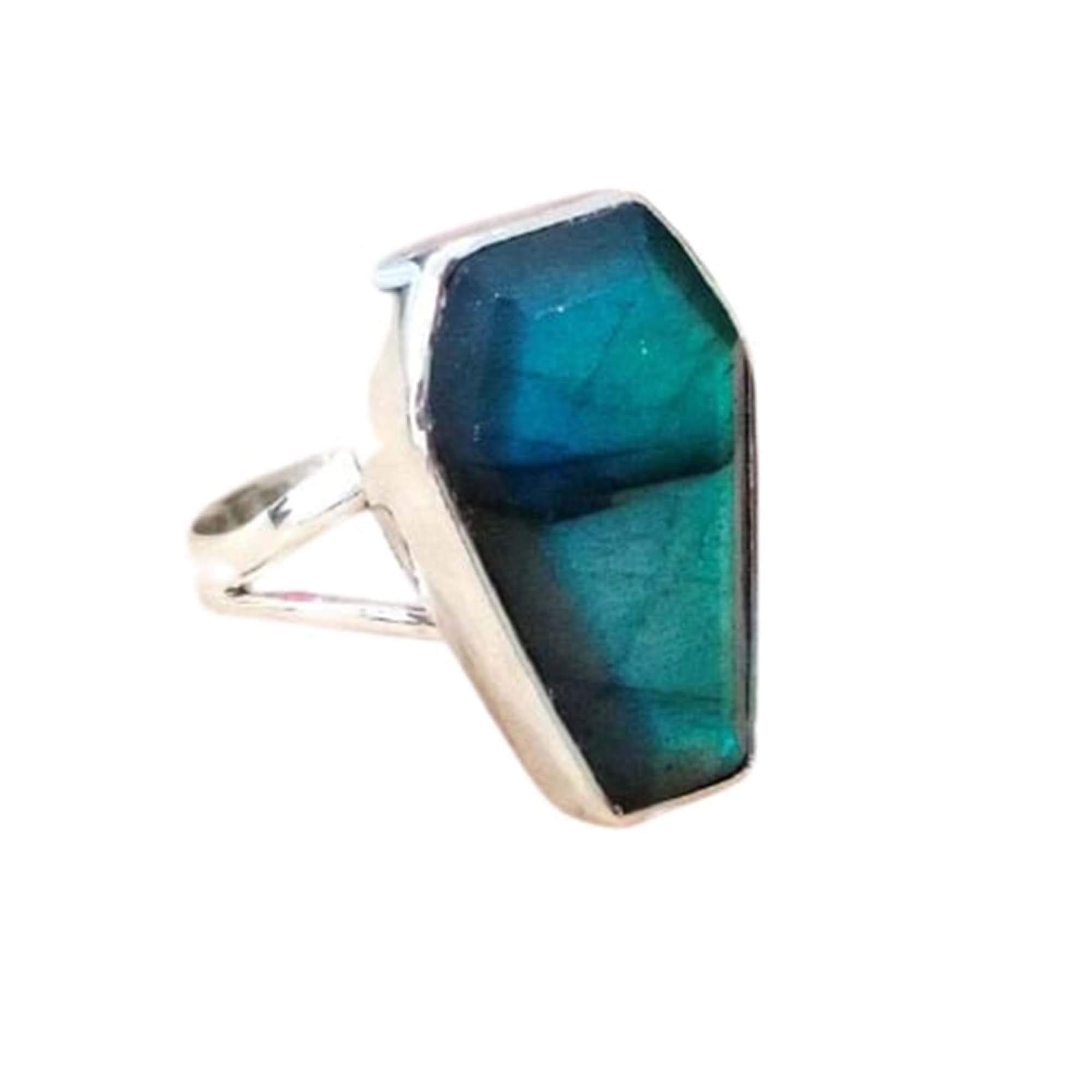 925 Silver Coffin Ring with Blue Labradorite Gemstone | Handmade Bohemian Gypsy Jewelry for Women | Wedding, Christmas Gift & Boho Fashion Accessory