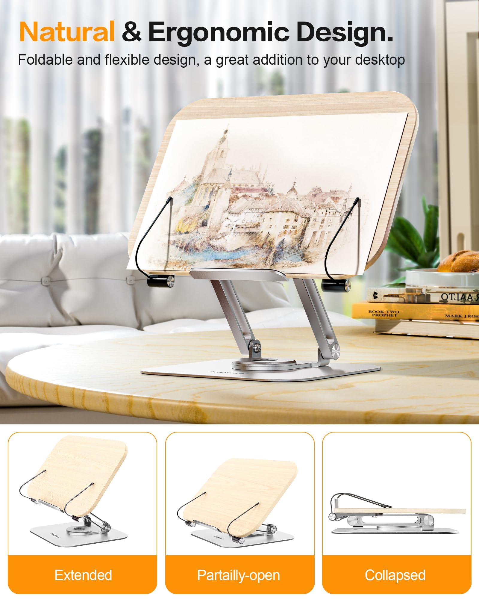 Adjustable Book Reading Stand with 360° Rotating Base & Page Clips - Hands Free Book Holder for Cookbooks, Textbooks & Notebooks - Foldable Desktop Document Stand for Kids & Adults - Perfect for Reading, Studying & Cooking