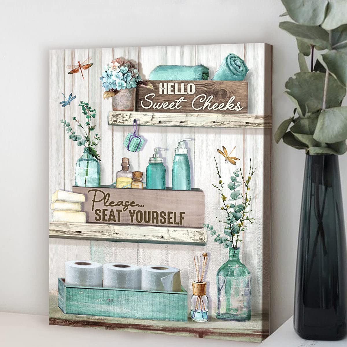 Funny Bathroom Wall Art - 'Hello Sweet Cheeks Please Seat Yourself' Canvas Print, Dragonfly Decor & Cute Bathroom Sign for Home Decor | Perfect for Powder Rooms, Guest Baths & Farmhouse Style Bathrooms