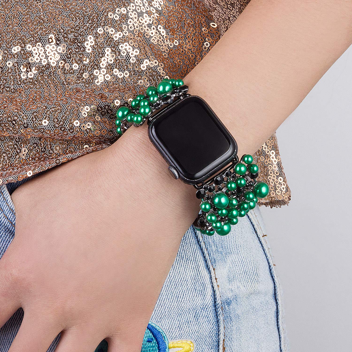VIQIV Bling Bands Compatible with Apple Watch 38mm 40mm 41mm 42mm 44mm 45mm 49mm - Diamond Rhinestone Metal Pearl Bracelet Strap for Women - Perfect for Parties, Weddings & Formal Events