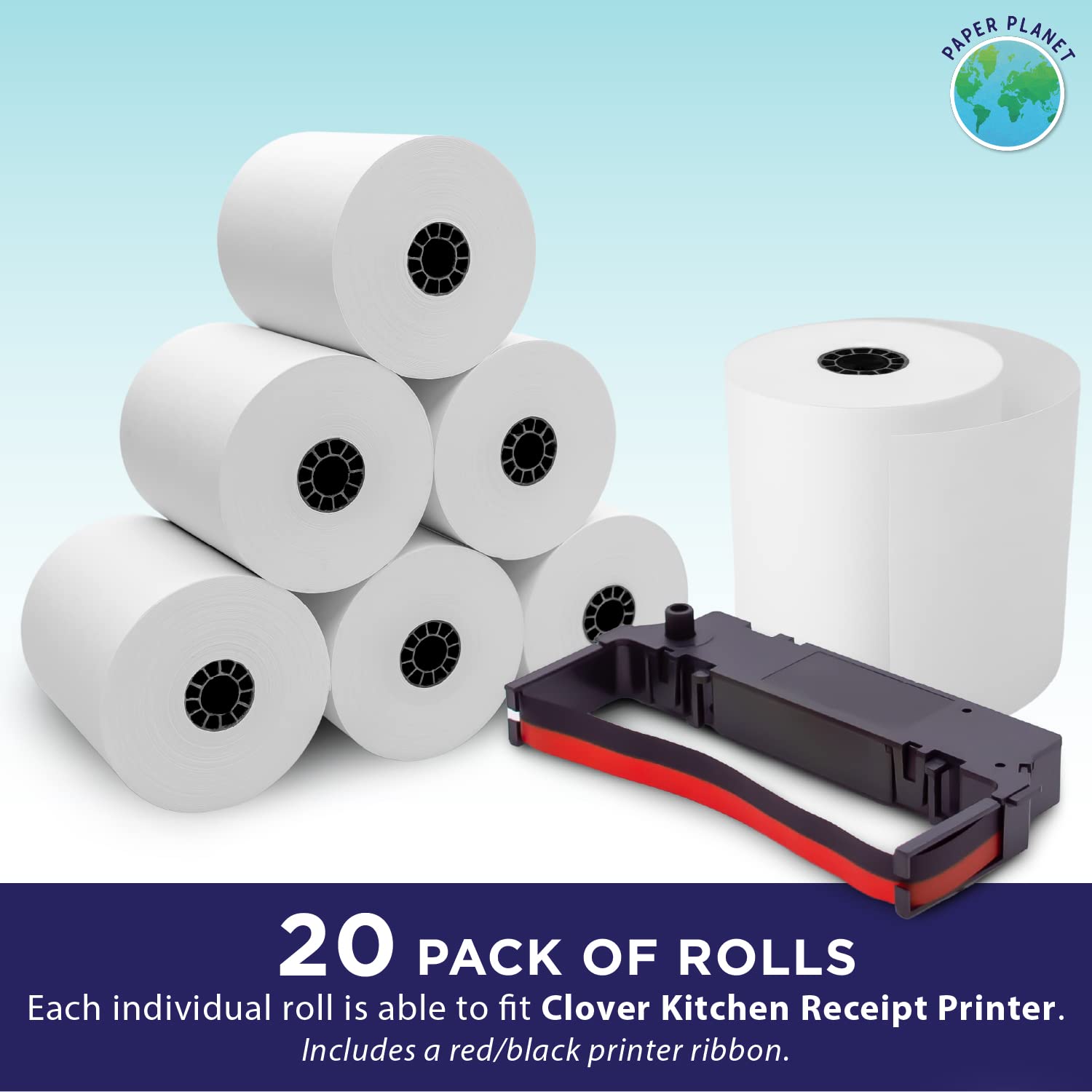Clover Kitchen Receipt Printer Paper - 20 Rolls 1-Ply Bond Paper with Ribbon for Star SP700 & SP700 Ink Printer | Thermal Credit Card Receipt Paper for Restaurants, Cafes & Retail Stores | Durable & High-Quality Printing Solution