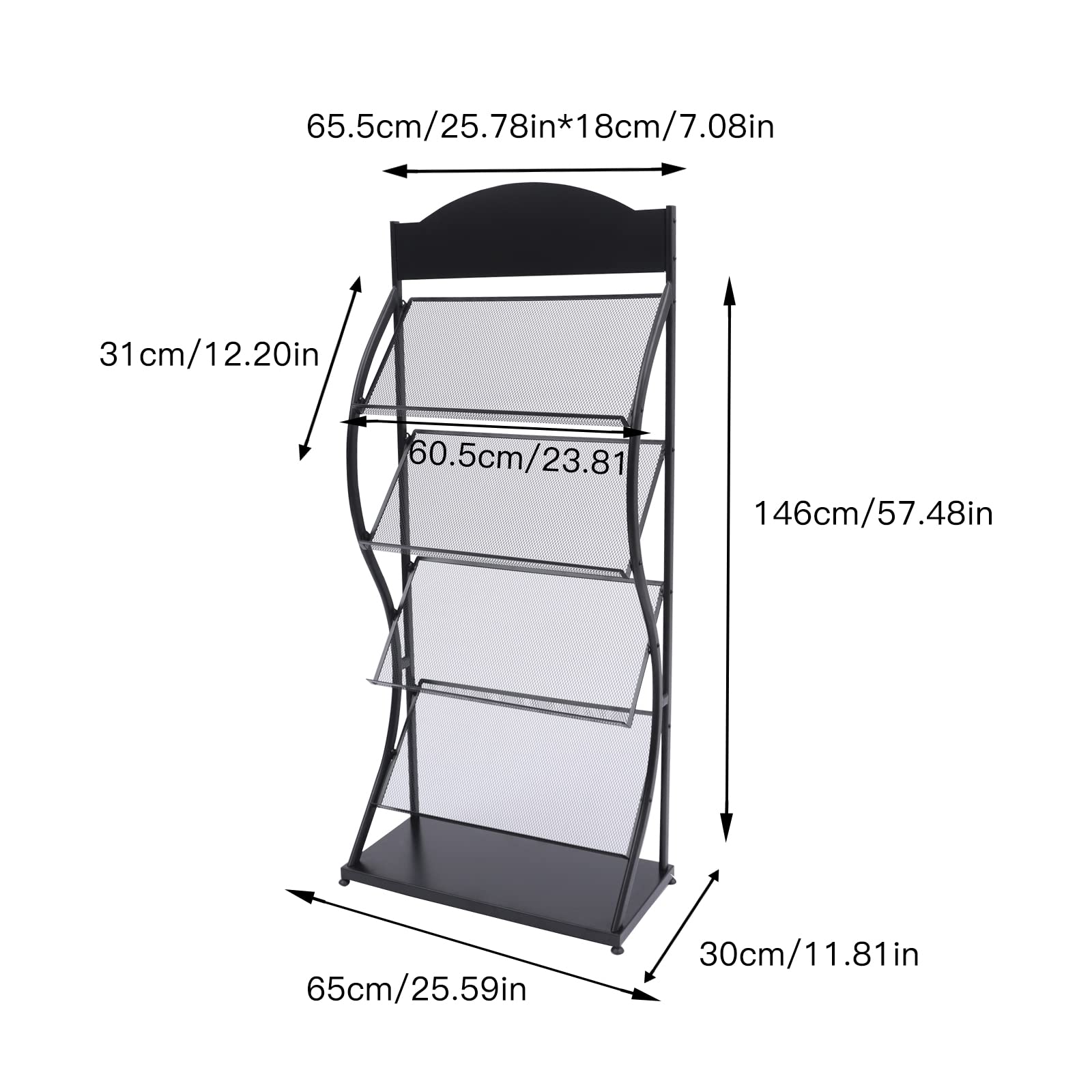 4-Tier Floor Standing Magazine Rack - Large Capacity Newspaper & Book Organizer for Magazines, Periodicals, Newspapers - Perfect for Living Room, Office, Library & Waiting Areas (Black)