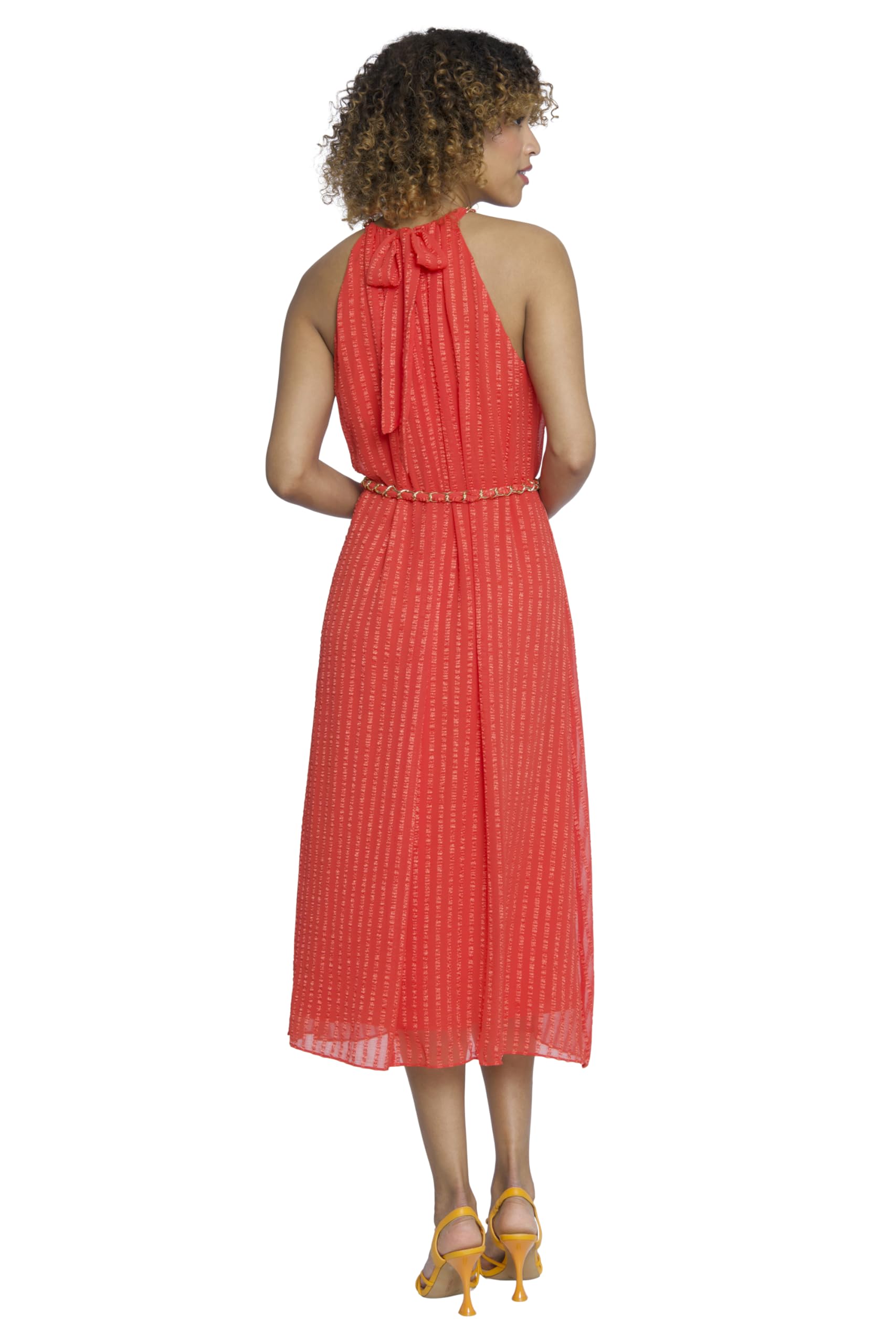 Maggy London Women's Halter Midi Flowy Skirt with Beaded Belt | Elegant Cocktail Dress for Parties, Weddings & Special Occasions