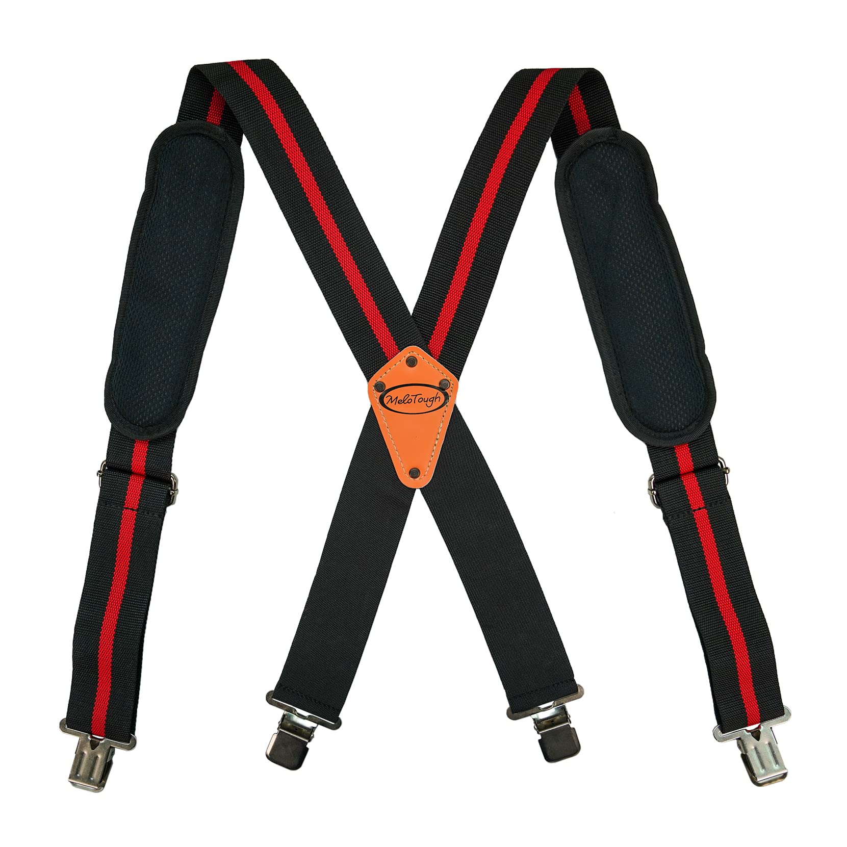 Heavy Duty Tool Belt Suspenders with Movable Shoulder & Padded Support - Adjustable Work Belt Suspenders for Construction, Carpentry & DIY Projects (Red Strip)