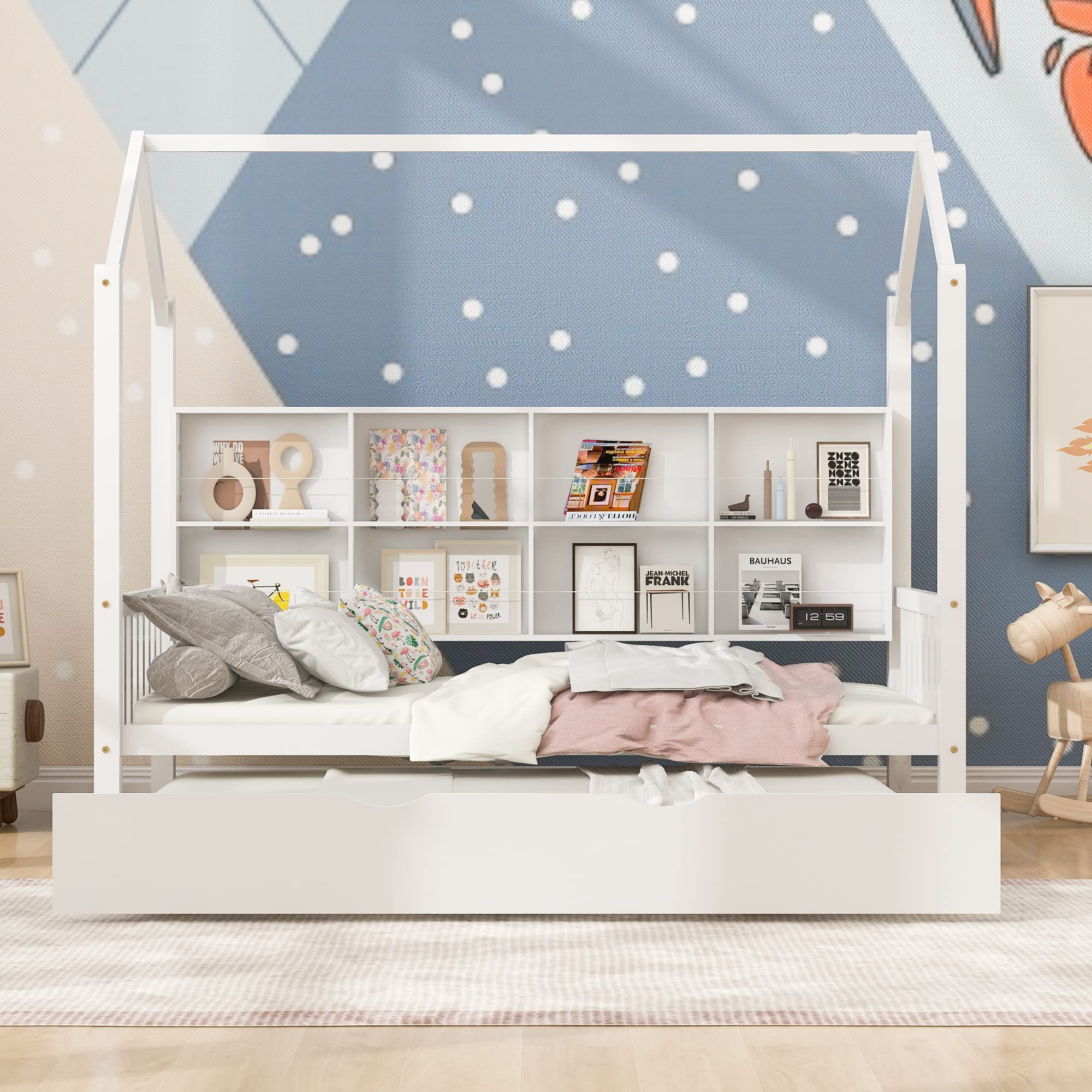 Polibi Twin Size Wooden House Bed with Trundle - 8 Storage Shelves, Roof, Headboard & Footboard - Kids Playhouse Bed for Bedroom & Playroom - Perfect for Sleepovers & Imaginative Play