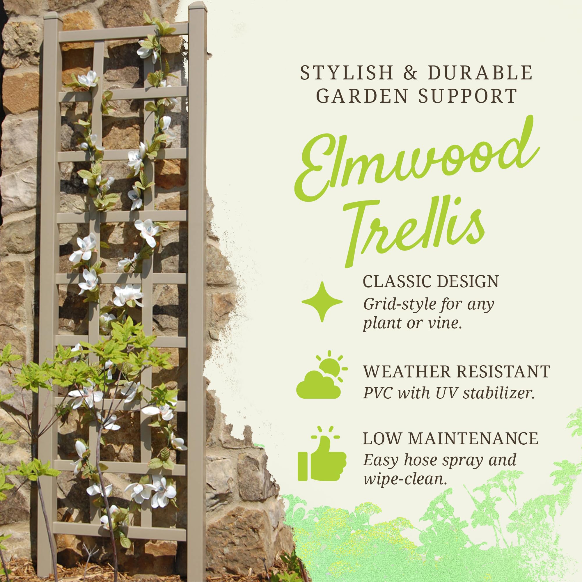 Dura-Trel Elmwood 22x75 Inch Indoor/Outdoor Garden Trellis with Ground Anchors - Plant Support for Vines, Climbing Plants, Flowers & Vegetables in Mocha - Perfect for Backyard, Patio, Balcony & Vertical Gardening