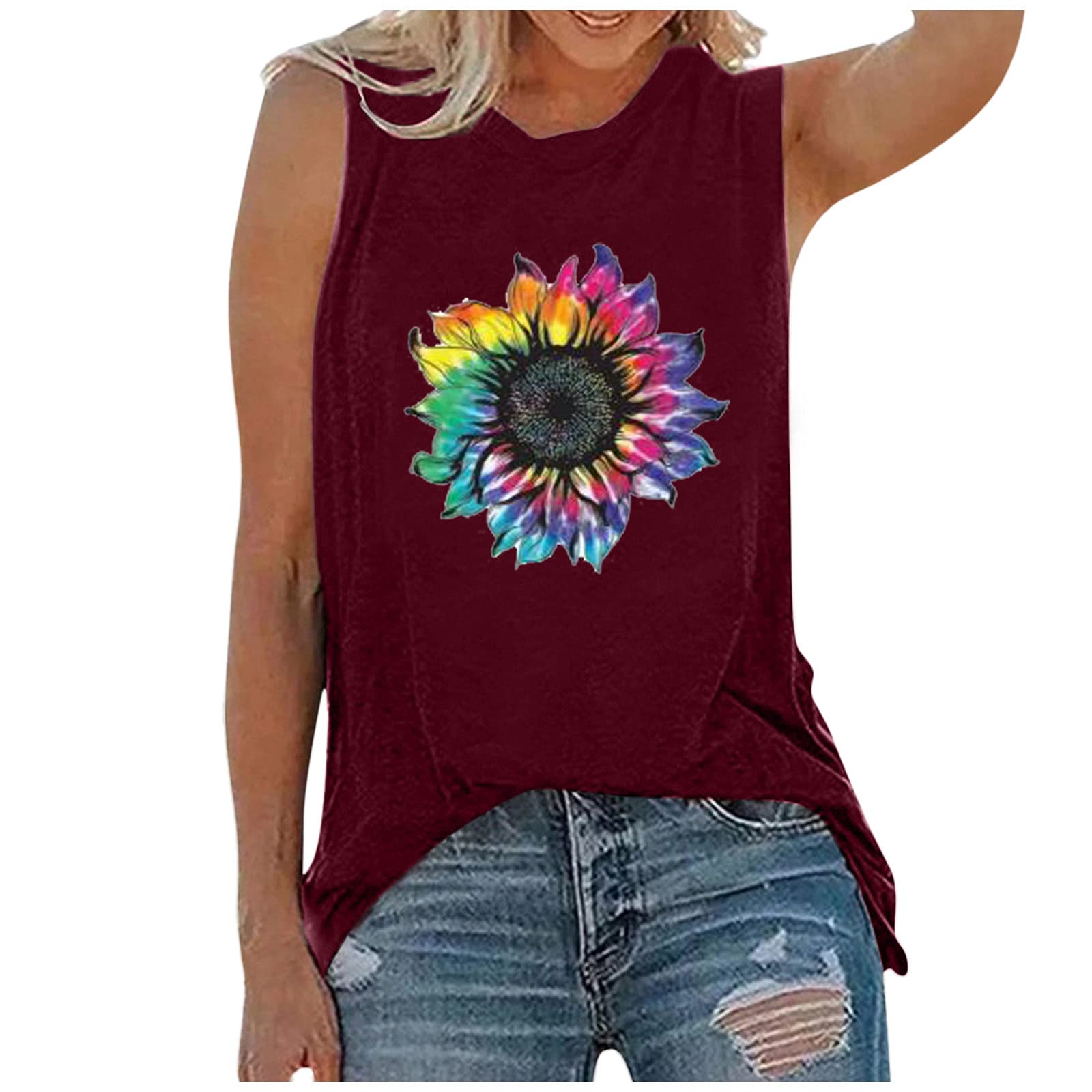 KANGMOON Women's Sunflower Printed Sleeveless Tank Top - Cute Casual Summer T-Shirt for Workout, Yoga, and Everyday Wear