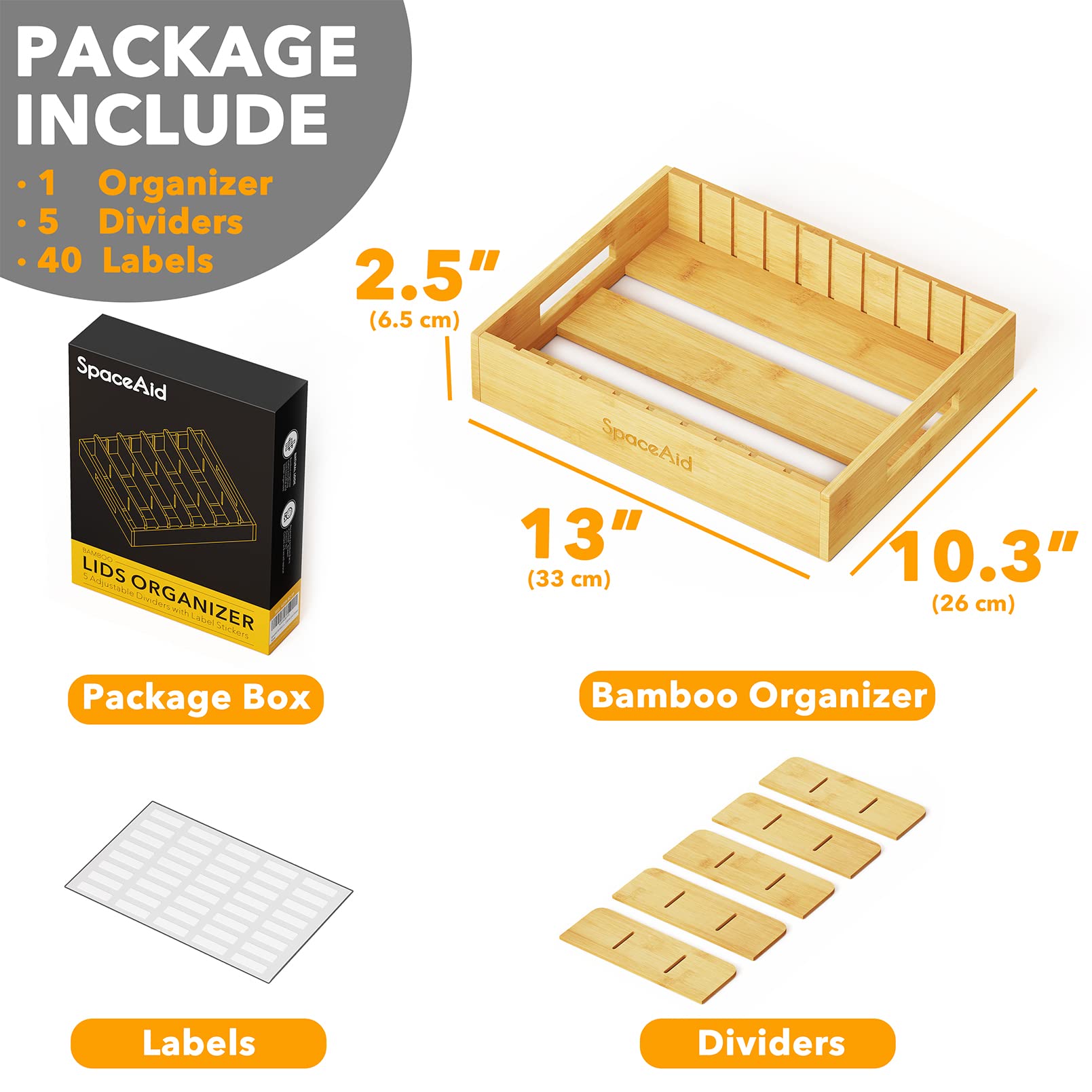 SpaceAid Bamboo Lid Organizer - 5 Adjustable Dividers Kitchen Cabinet Organizer for Food Storage Containers | Pantry & Cabinet Organization Solution for Pots, Pans & Plastic Container Lids