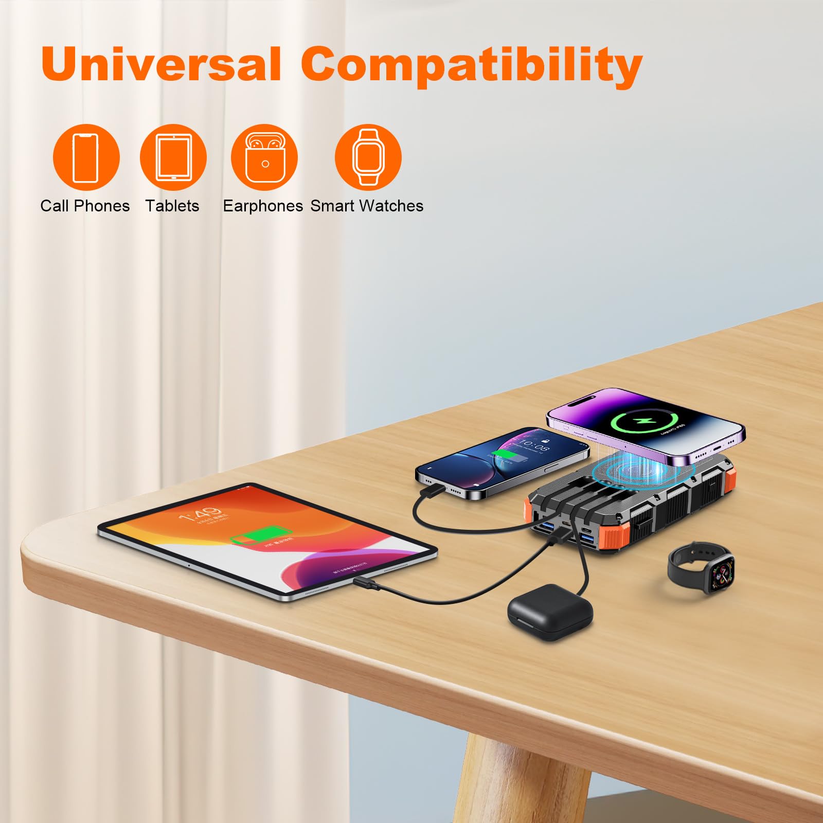 **49800mAh Solar Power Bank with Wireless & QC 3.0 Fast Charging - 8 Outputs, 4 Inputs, SOS Flashlight - Portable Charger for iPhone, Android, Tablets - Perfect for Camping, Hiking & Emergency Power (Orange)**
