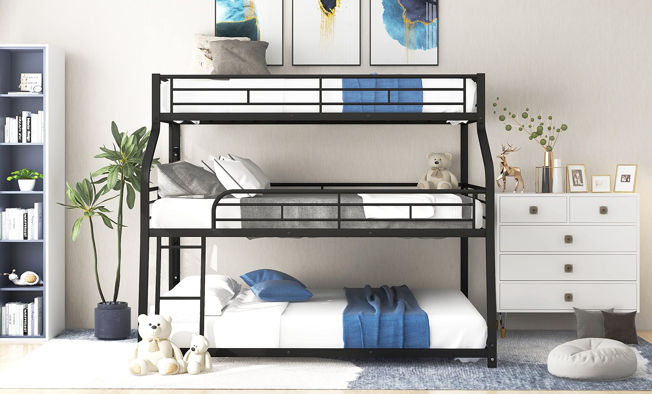 Black Triple Bunk Bed Frame for Twin XL/Full XL/Queen Size - Sturdy Metal Frame with Long & Short Ladder & Full-Length Guardrails - Perfect for Kids' Bedrooms, Dormitories & Space-Saving Home Solutions
