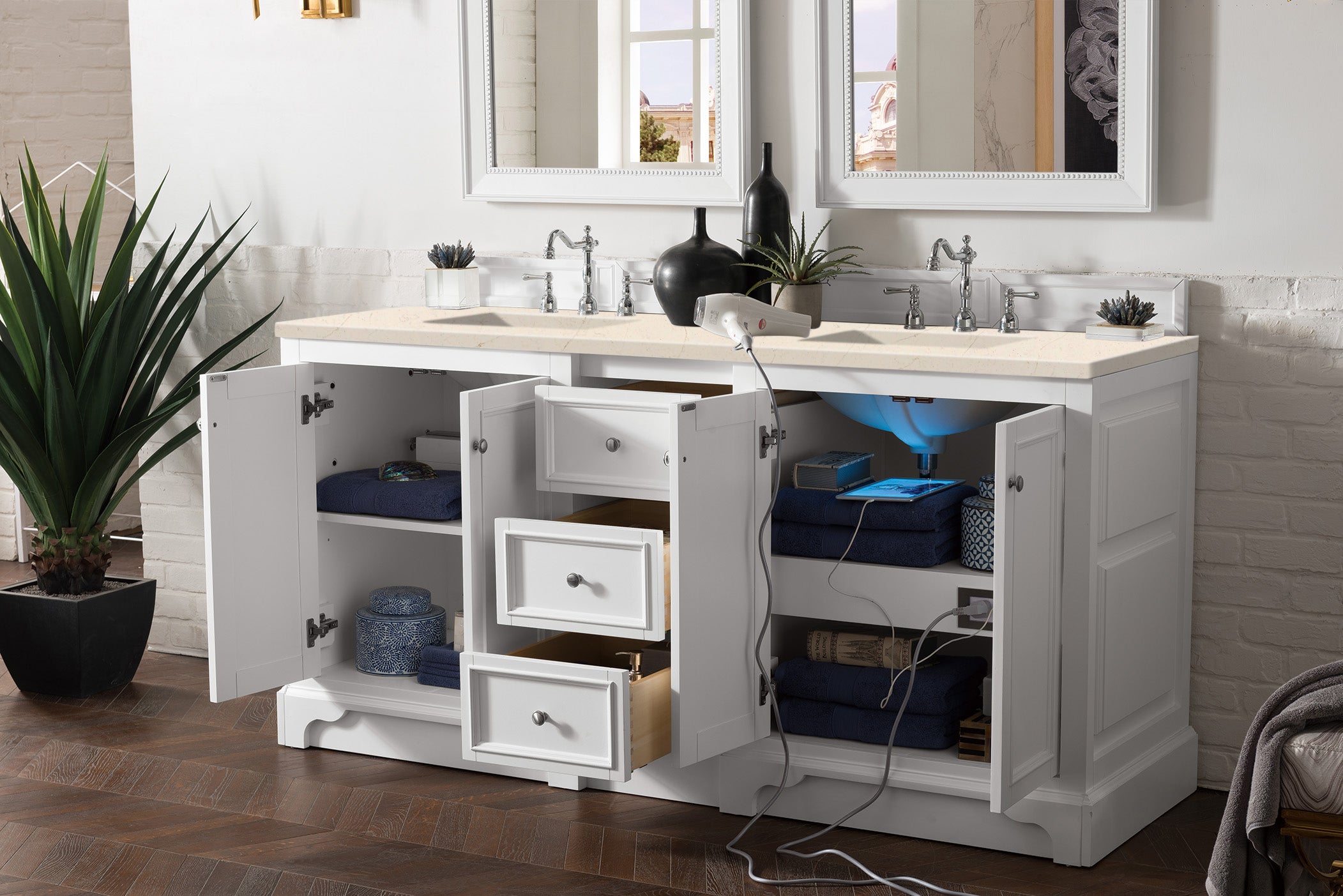 De Soto 72 Inch Double Vanity with 3CM Eternal Marfil Quartz Top in Bright White - Perfect for Modern Bathroom Renovation & Luxury Home Upgrade