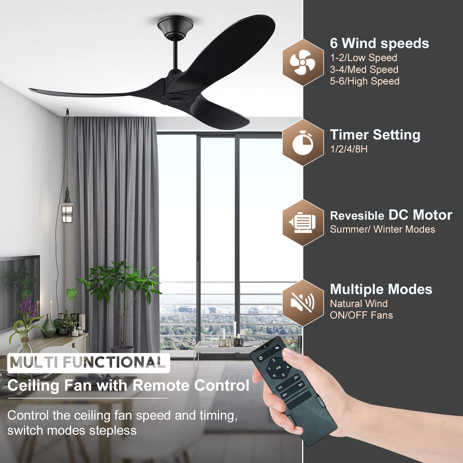 60 Inch Black Ceiling Fan No Light - High Airflow Outdoor Ceiling Fan with Remote Control - Modern 3-Blade Wood Ceiling Fan for Patio, Gazebo, Indoor & Sloped Ceiling Use - Perfect for Living Room, Bedroom, Porch & Covered Outdoor Spaces