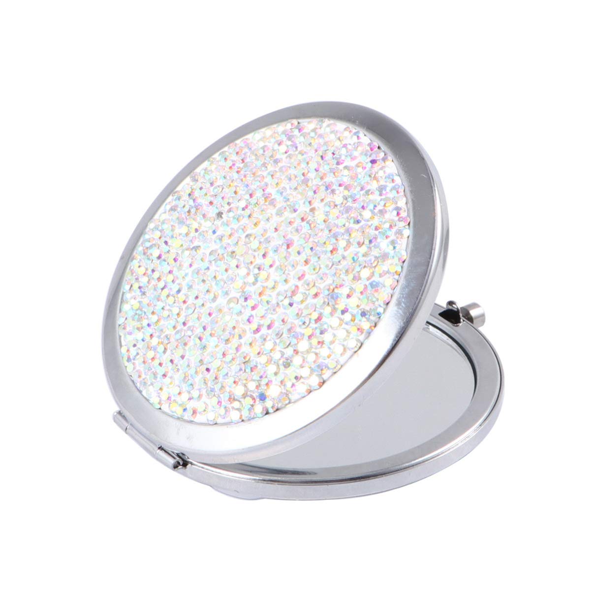 Lurrose Bling Compact Mirror - Round Folding Double-Sided Cosmetic Mirror with Rhinestones | Portable Pocket Mirror for Makeup, Travel, Home & Purse | Elegant White Design