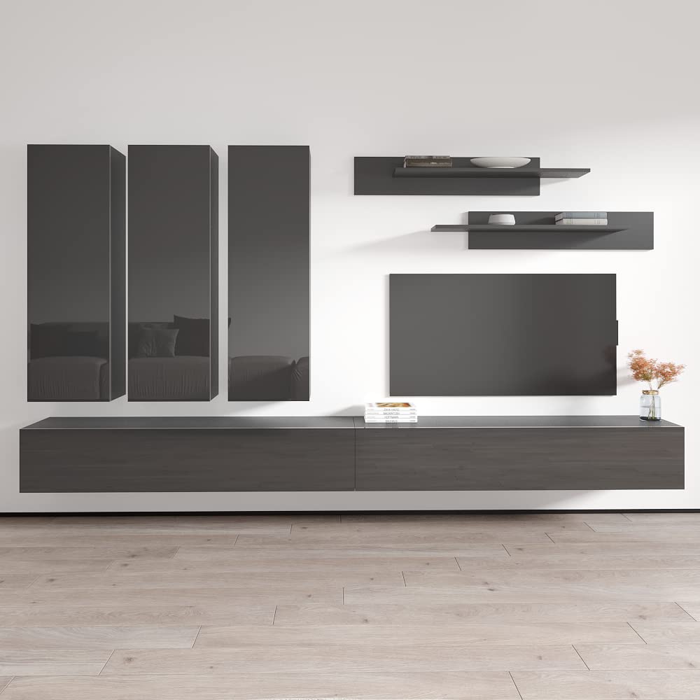 Modern Gray E1 30TV Wall-Mounted Floating Entertainment Center with Storage Shelves & LED Lights - Space-Saving TV Stand for Bedroom & Living Room - Perfect for Small Apartments, Home Theaters, and Gaming Setups