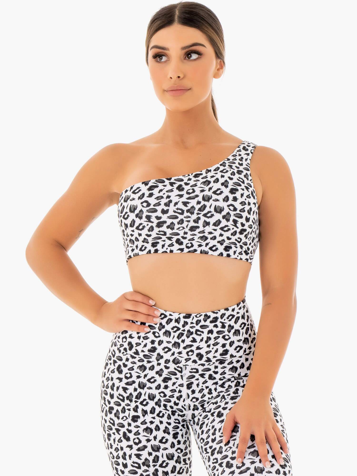 Adapt One Shoulder Sports Bra - Snow Leopard Print - High Support Workout Top for Yoga, Running & Gym - Trendy Athletic Wear for Women