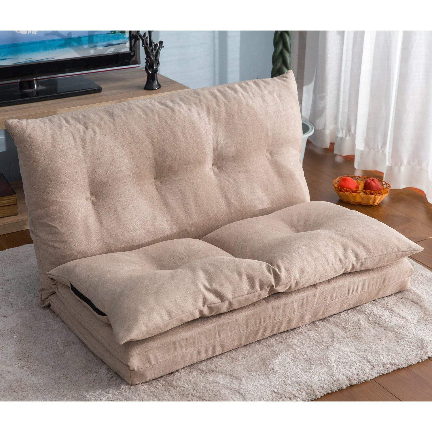 Adjustable Double Chaise Lounge Sofa Floor Couch - Tatami Lazy Lounge Sofa for Living Room & Bedroom - Beige - Perfect for Relaxing, Reading & Small Space Living