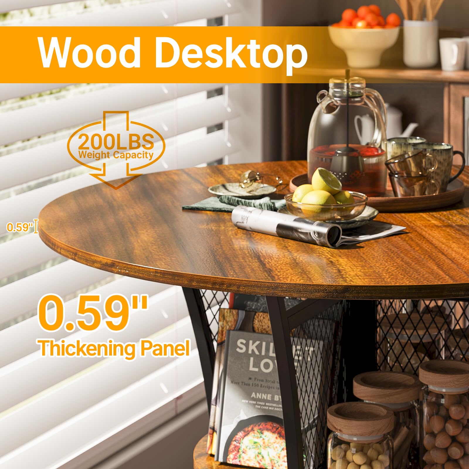 Elephance Round Dining Table with 2-Tier Metal Frame & Storage Shelves - Kitchen Bar Table, Coffee Table for Living Room & Dining Room - Perfect for Small Spaces, Breakfast Nooks & Modern Home Decor