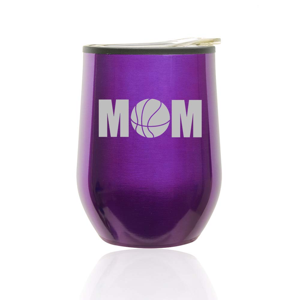 Stemless Wine Tumbler with Lid - 16oz Insulated Coffee Travel Mug Glass - Royal Purple Basketball Design - Perfect for Hot/Cold Drinks, Gifts for Mom, Office Use & Outdoor Activities