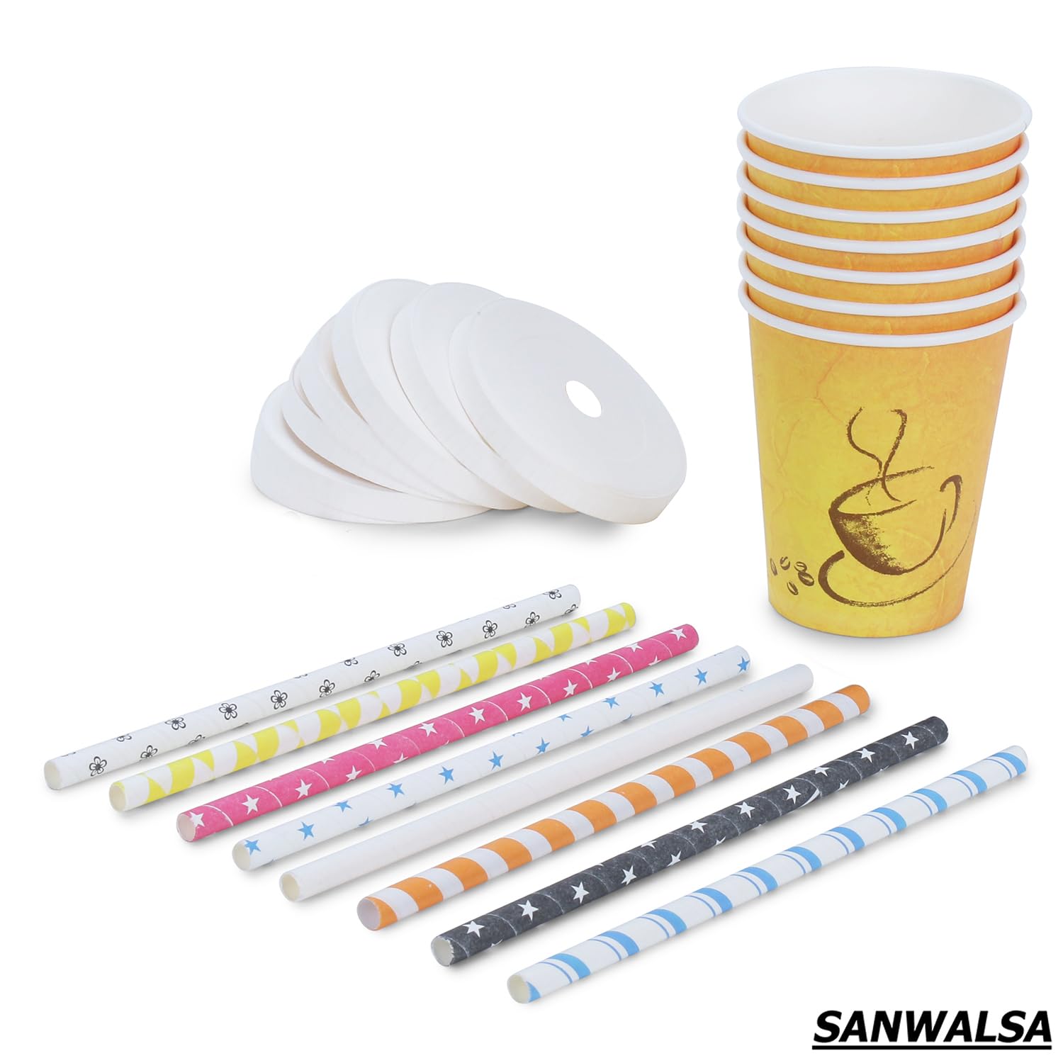 SANWALSA 8 oz (250 ml) Disposable Paper Cups with Lids & Multicolor Straws - Pack of 25, 100% Biodegradable & Eco-Friendly - Perfect for Juice, Coffee, Tea at Home, Office, Parties & Events