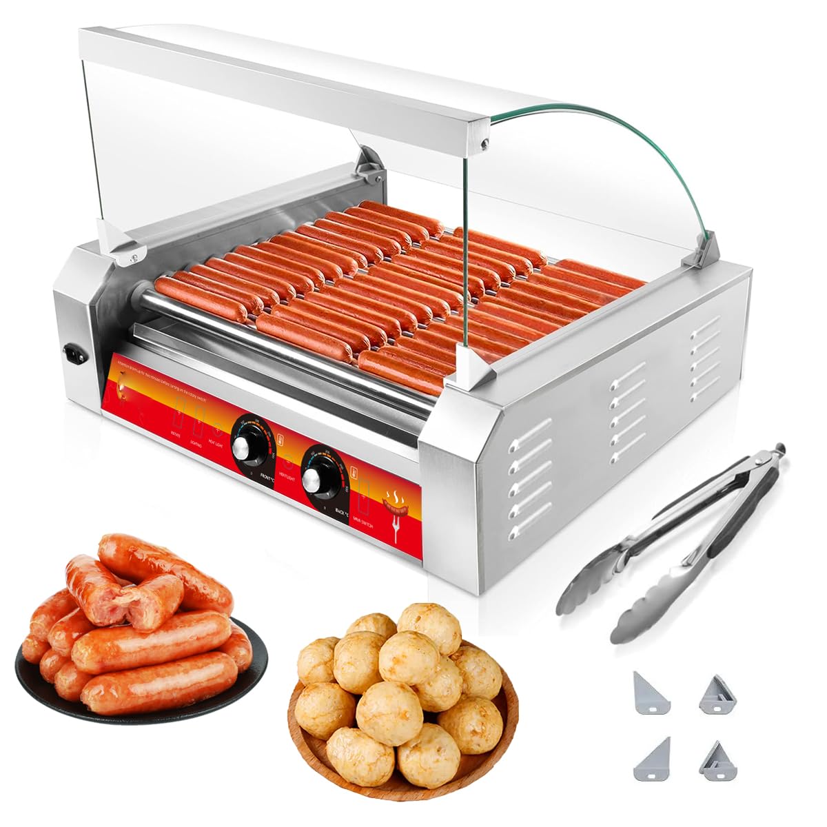 1670W Commercial Hot Dog Roller Grill Machine - 11 Non-Stick Stainless Steel Rollers, Holds 30 Hot Dogs with Removable Glass Cover - Perfect for Convenience Stores, Snack Bars, Food Trucks & Events