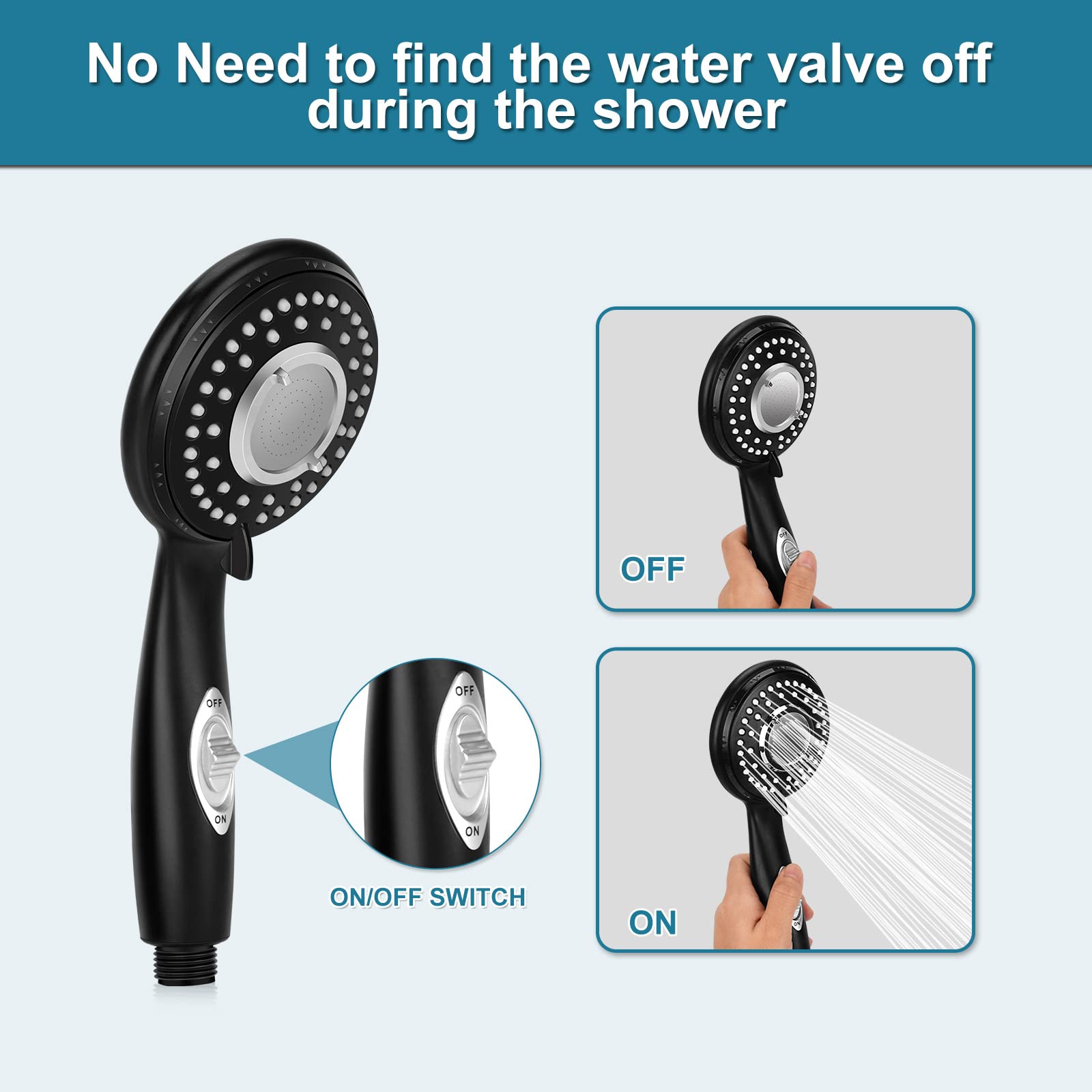 High Pressure Handheld Shower Head with On/Off Switch - Water Saving RV & Camper Shower Replacement with 60'' Hose & Bracket (Black) - Perfect for Tiny Homes, Boats & Outdoor Adventures