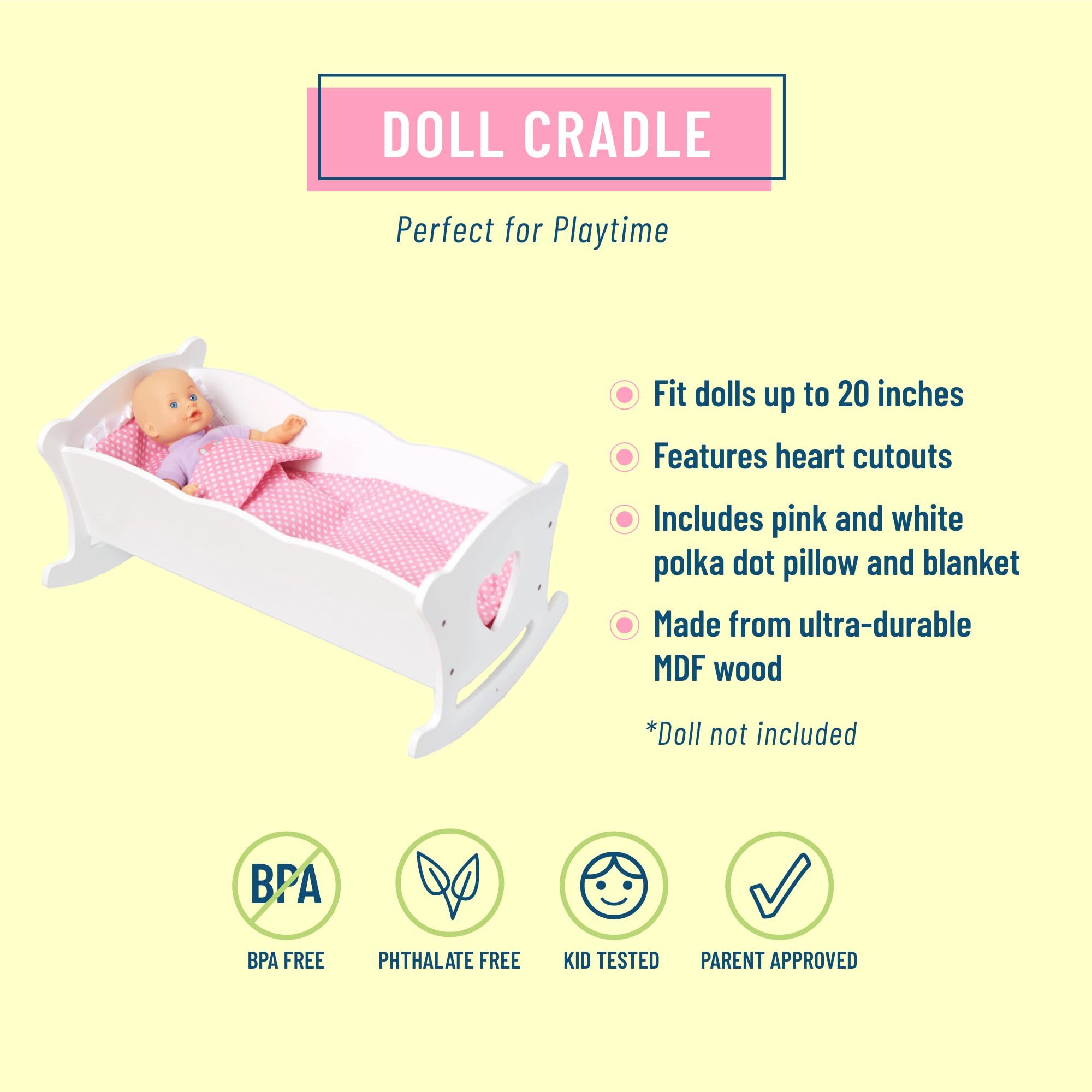 Wildkin Kids Wooden Doll Cradle for Toddler Girls - Baby Doll Rocking Cradle with Pillow & Blanket, Fits 20