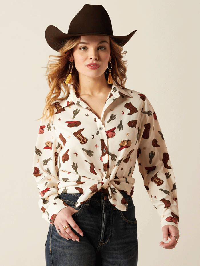 Ariat Women's Homestyle Western Cowgirl Print Shirt - Ivory Floral Design - Perfect for Rodeo, Country Music Festivals & Casual Western Wear